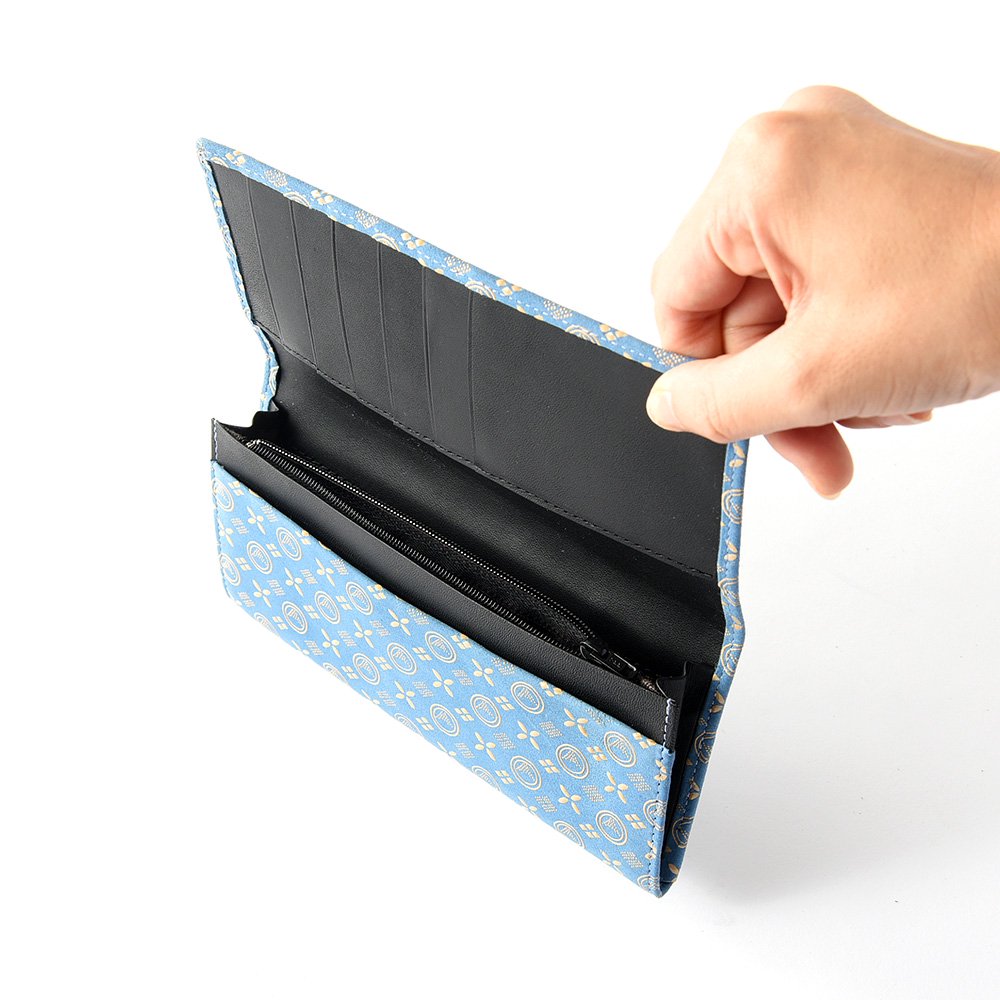 Premium Japanese Deerskin Leather Long Wallet with Urushi Lacquer & Mt. Fuji Pattern - Light Blue - Handmade in Japan - Luxury Bifold Wallet for Men - Perfect Gift for Business Professionals & Travelers