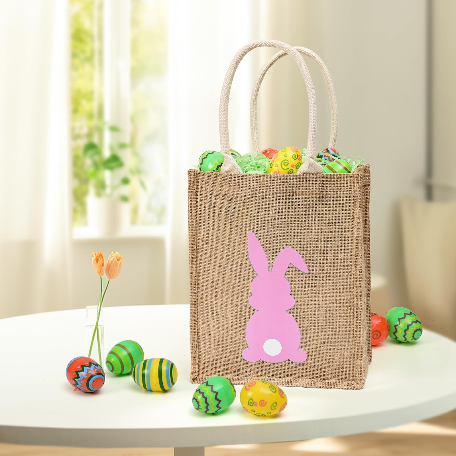 ATFUNSHOP Easter Tote Bag for Kids - Reusable Blue Bunny Basket for Egg Hunting - Durable Linen Easter Basket for Boys & Girls - Perfect for Easter Egg Hunts, Party Favors, and Spring Celebrations