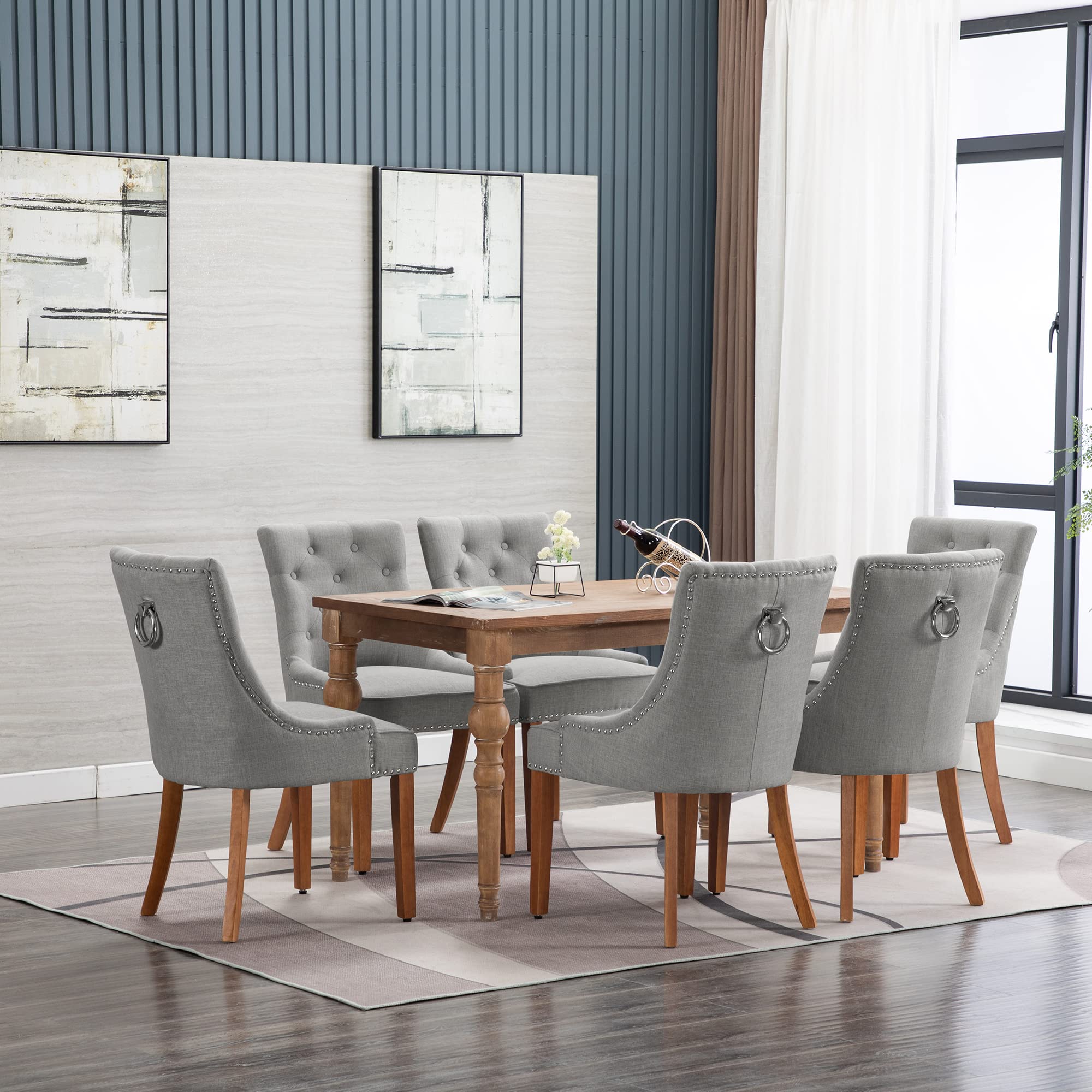 Set of 2 Modern Fabric Dining Chairs - Comfortable Upholstered Kitchen Chairs with Steel Pull Ring & Brown Rubber Wood Legs, Grey - Perfect for Dining Room, Kitchen, Breakfast Nook & Small Spaces