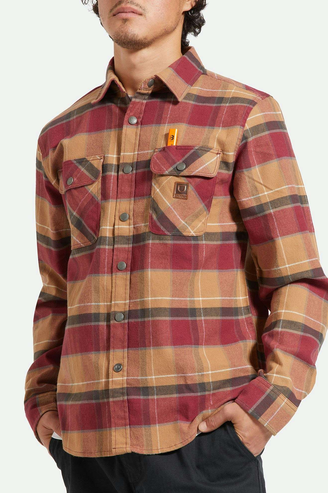 Builders Bowery Stretch Water Resistant Long Sleeve Flannel Shirt - Woodsmoke, Cordovan Red & Washed Black - Perfect for Outdoor Work, Hiking & Casual Wear