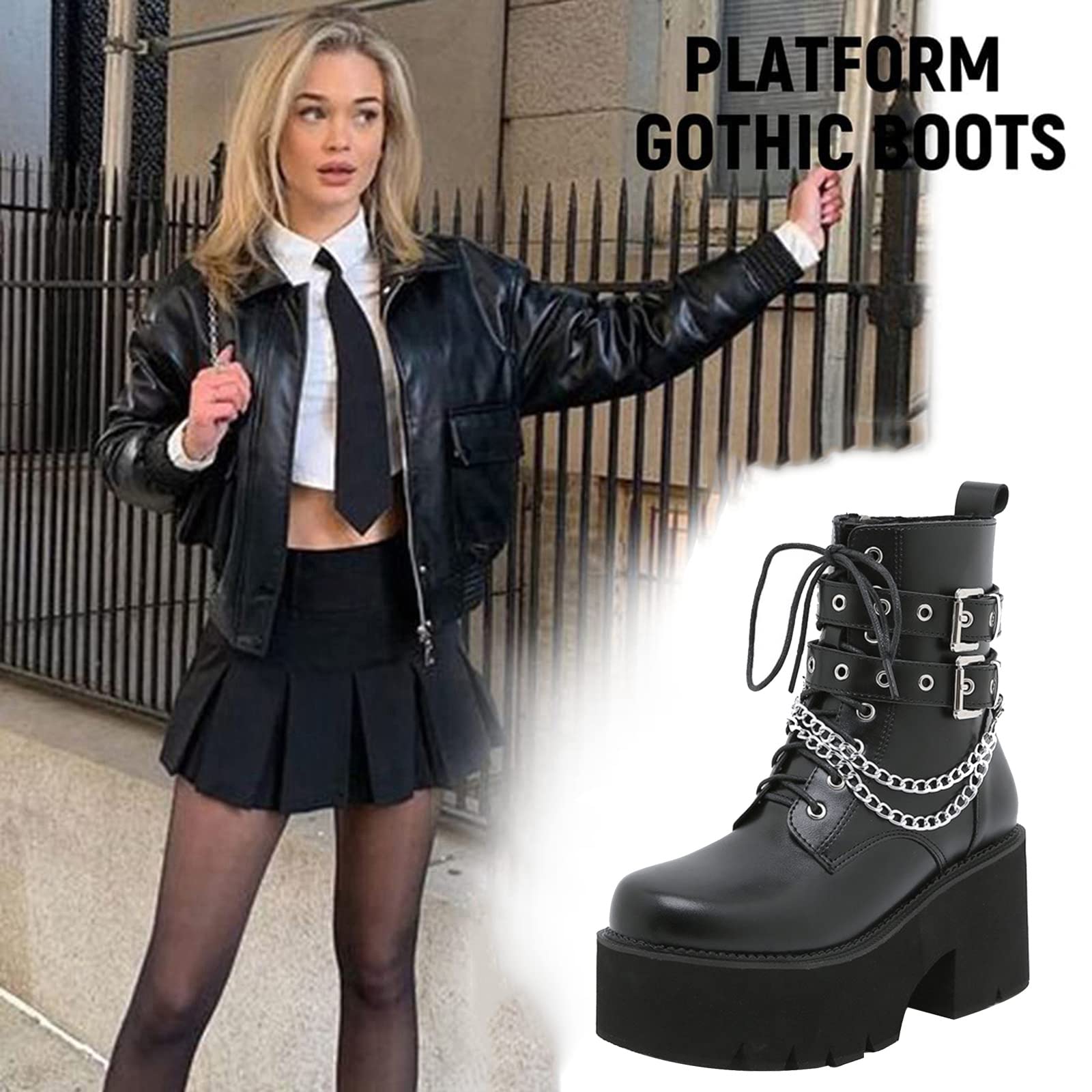 TNXZ Women's Faux Leather Combat Boots - Mid Heel Lace-Up Ankle Booties with Chain Detail & Platform Sole | Stylish Motorcycle Boots for Casual Outfits, Night Out & Fall Fashion