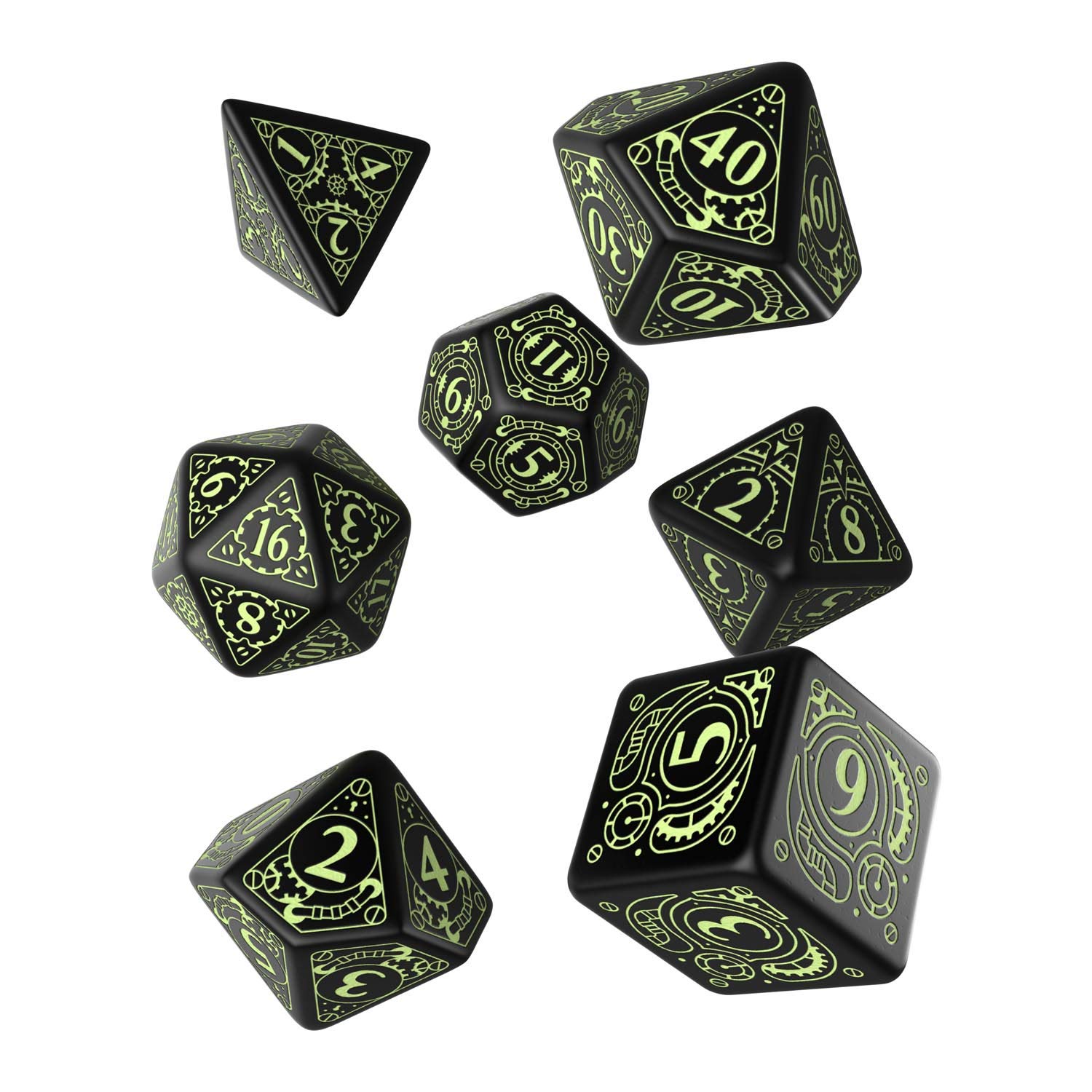 Q-Workshop Steampunk Black & Glow-in-The-Dark Dice Set (7 Pieces) - Perfect for RPG, D&D, Tabletop Gaming & Collectors