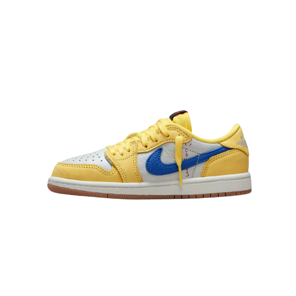 Air Jordan 1 Low OG (PS) Travis Scott Sneakers - Canary Yellow, Racer Blue & Light Silver Colorway - Perfect for Streetwear & Sneaker Collectors