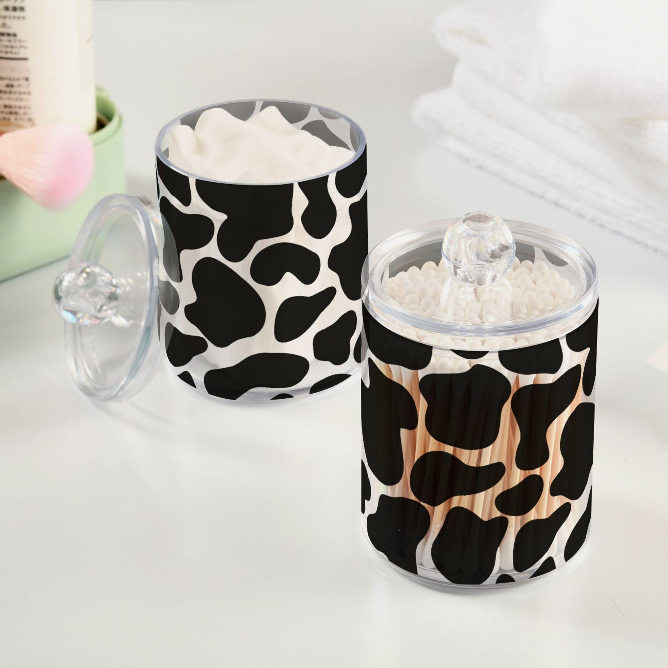 2 Pack Plastic Q-Tips Holder with Cow Print - Bathroom Organizer Canisters for Cotton Balls, Swabs, Pads & Dental Floss - Plastic Apothecary Jars for Vanity Countertop - Perfect for Farmhouse & Boho Style Bathroom Decor