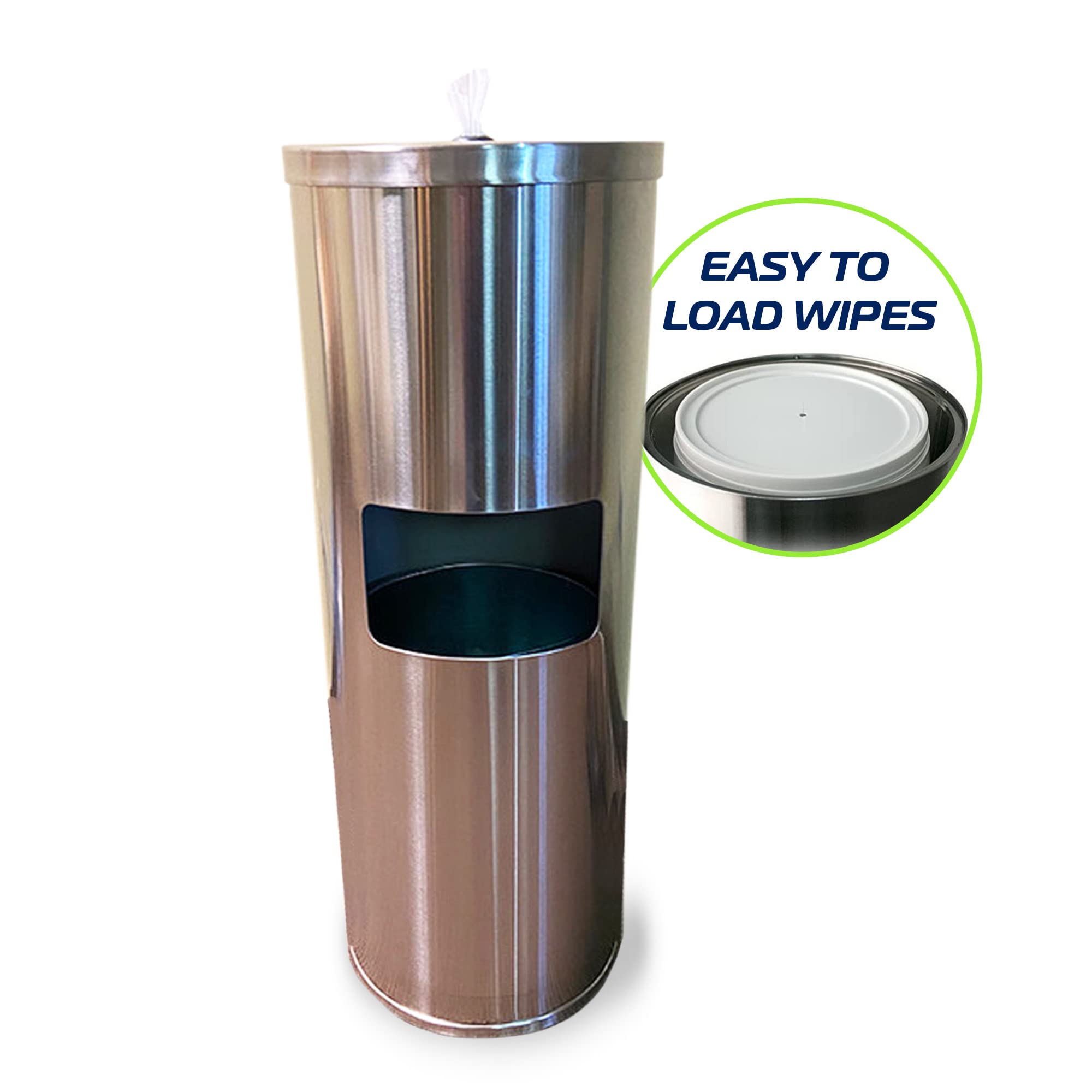 Stainless Steel Wipes Dispenser with Trash Can & Refillable Bucket - Multi-Purpose Floor Stand for Large Roll Wipes - Durable & Hygienic for Home, Office, Kitchen, Nursery & Commercial Use