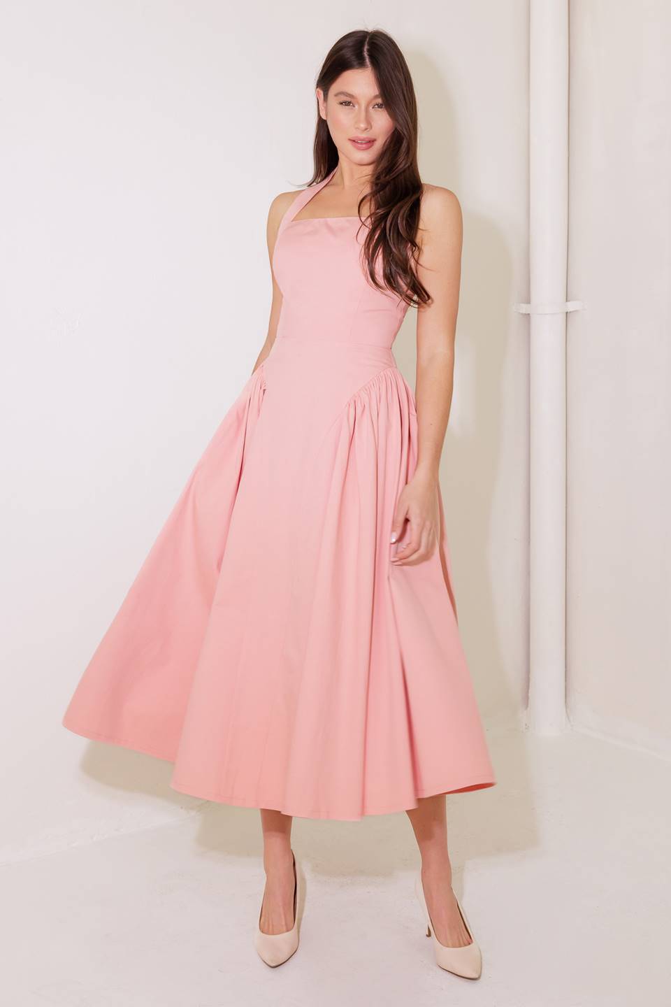 Soft Pink Halter Midi Dress for Women - Elegant Rainy Day Outfit for Summer Beach Parties & Casual Dates