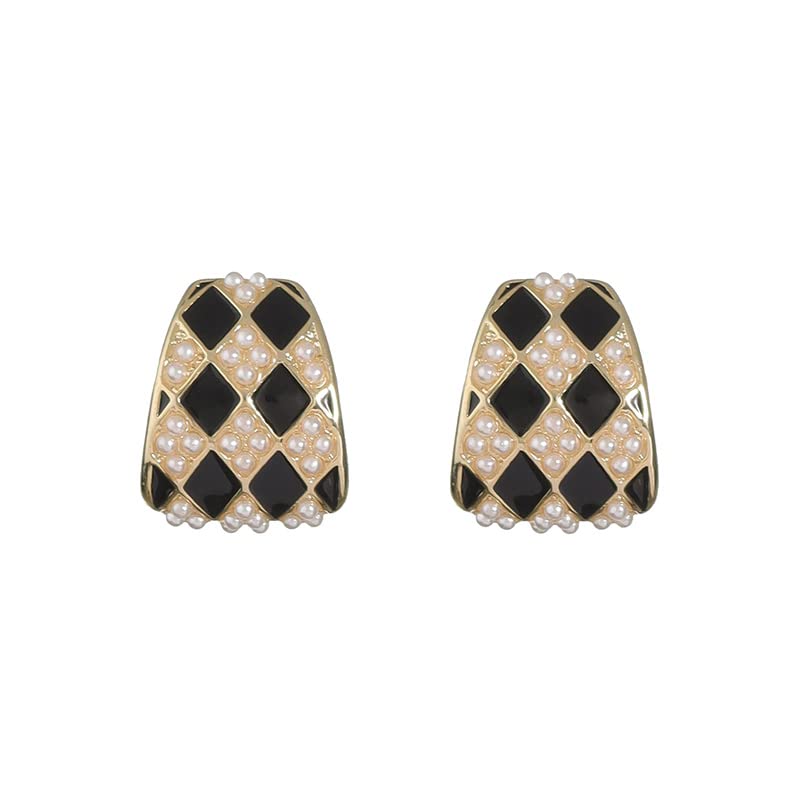 CALOZITO Classic Black and White Square Lattice Pearl Earrings for Women - Elegant Fashion Jewelry Accessories for Party, Wedding & Daily Wear