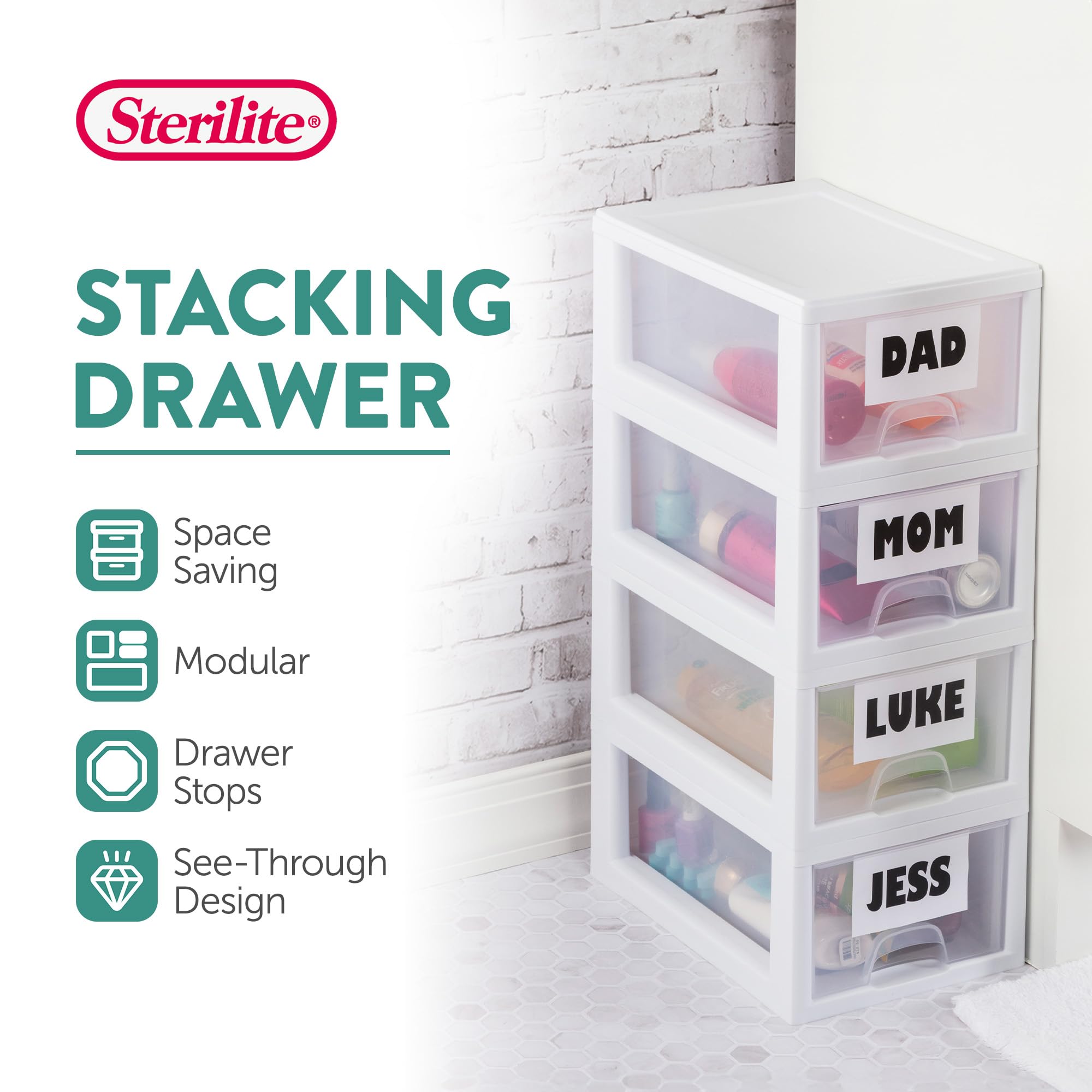 Sterilite 18-Pack Clear Stackable Drawers - 6 Quart White Frame Storage Organizer for Closet, Bedroom, Office & Craft Room Organization