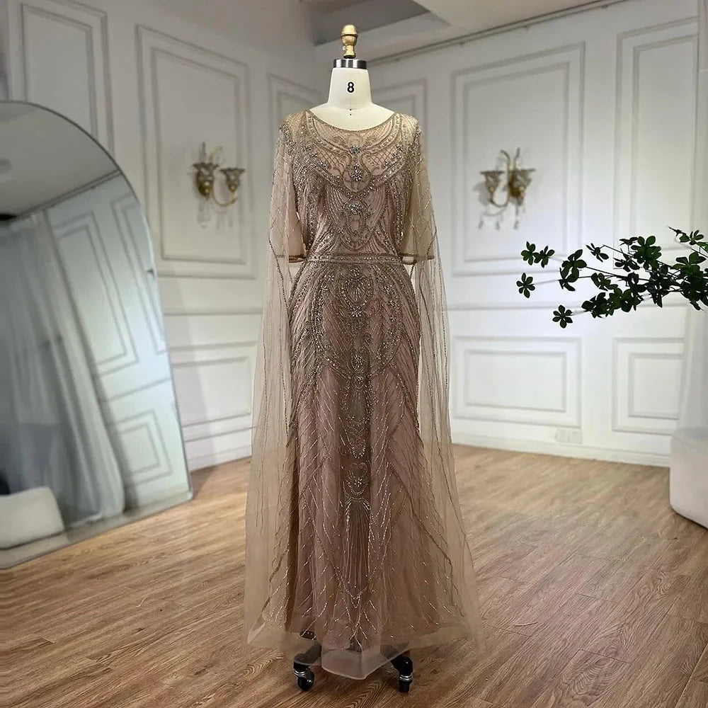 Elegant Dubai Arabic Green Mermaid Evening Dress with Beaded Cape Sleeves - Women's Luxury Party Gown for Special Occasions, Weddings & Red Carpet Events LA72562