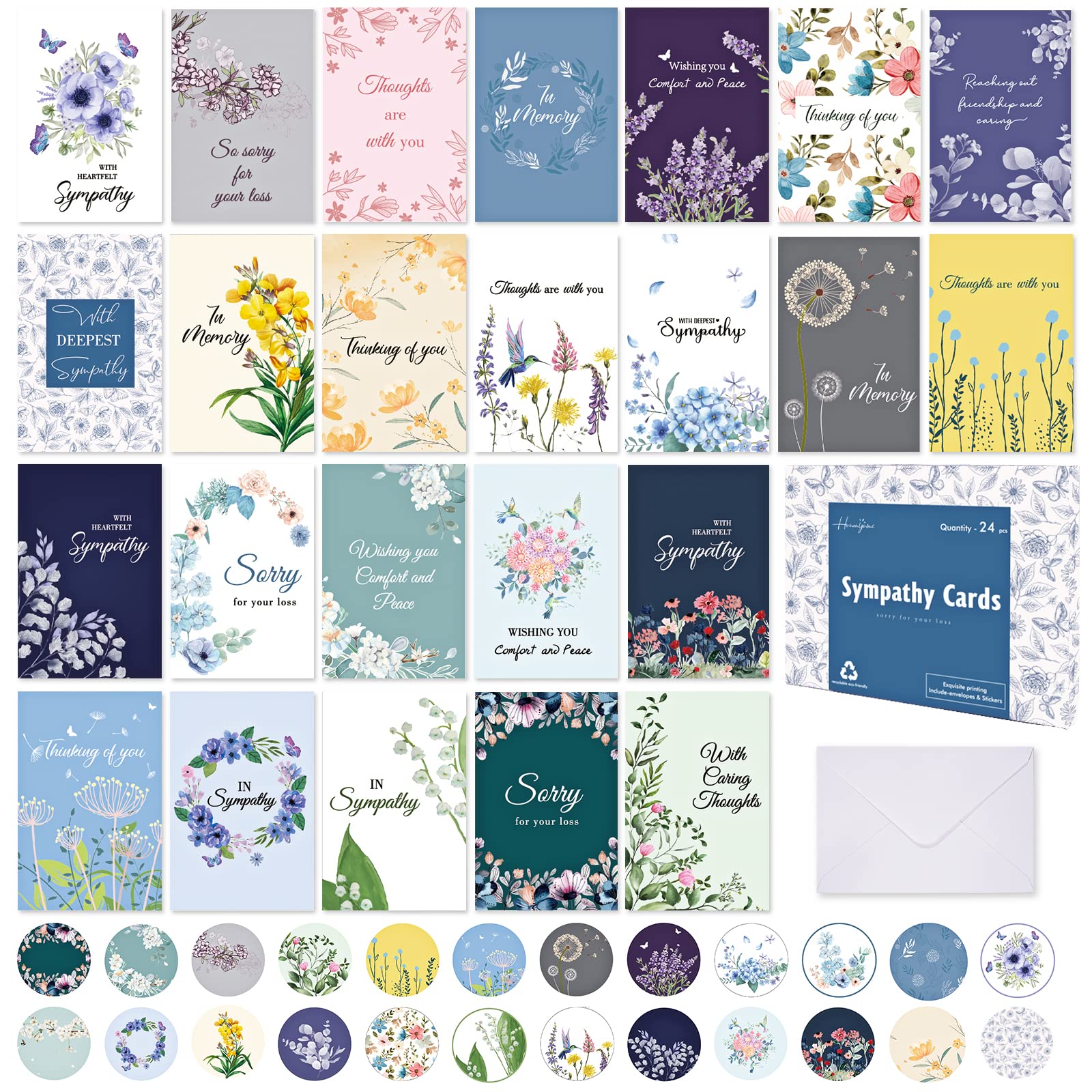 24 Pack Sympathy Cards with Envelopes - Floral Butterfly Condolence Cards with Inspirational Messages, Watercolor Design (4×6 inches) - Perfect for Comforting Grieving Friends & Family
