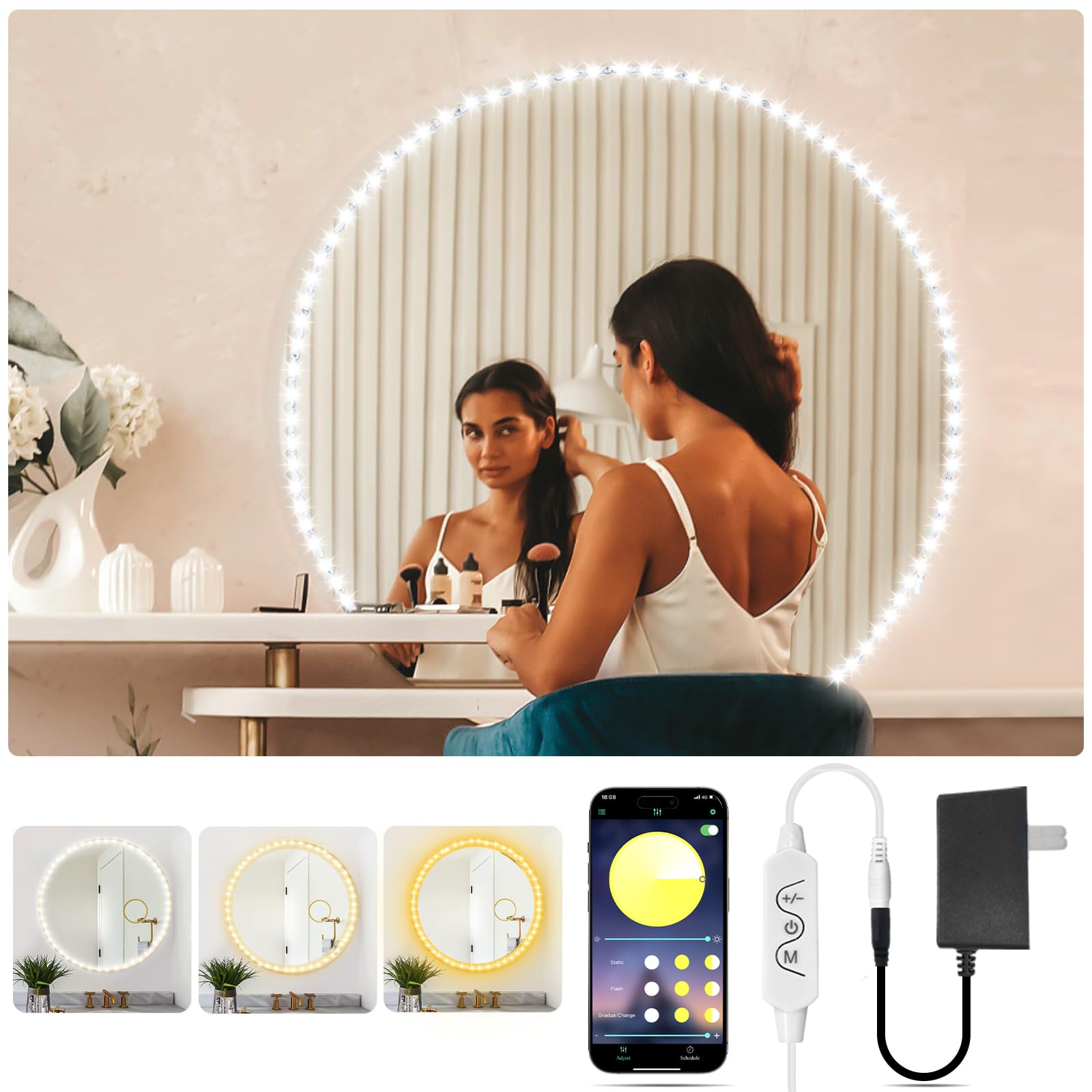 LED Vanity Mirror Lights 13ft - 3 Colors, Adjustable Brightness for Makeup & Dressing Room (Mirror Not Included)