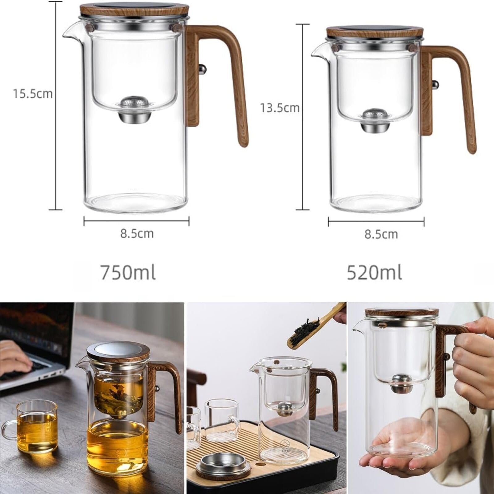Enchanti Tea Pot - Magic Glass Teapot with Wooden Handle & Press Control for Loose Tea | Water Separation Design for Perfect Brewing | Ideal for Tea Ceremonies, Witchcraft Rituals & Home Decor