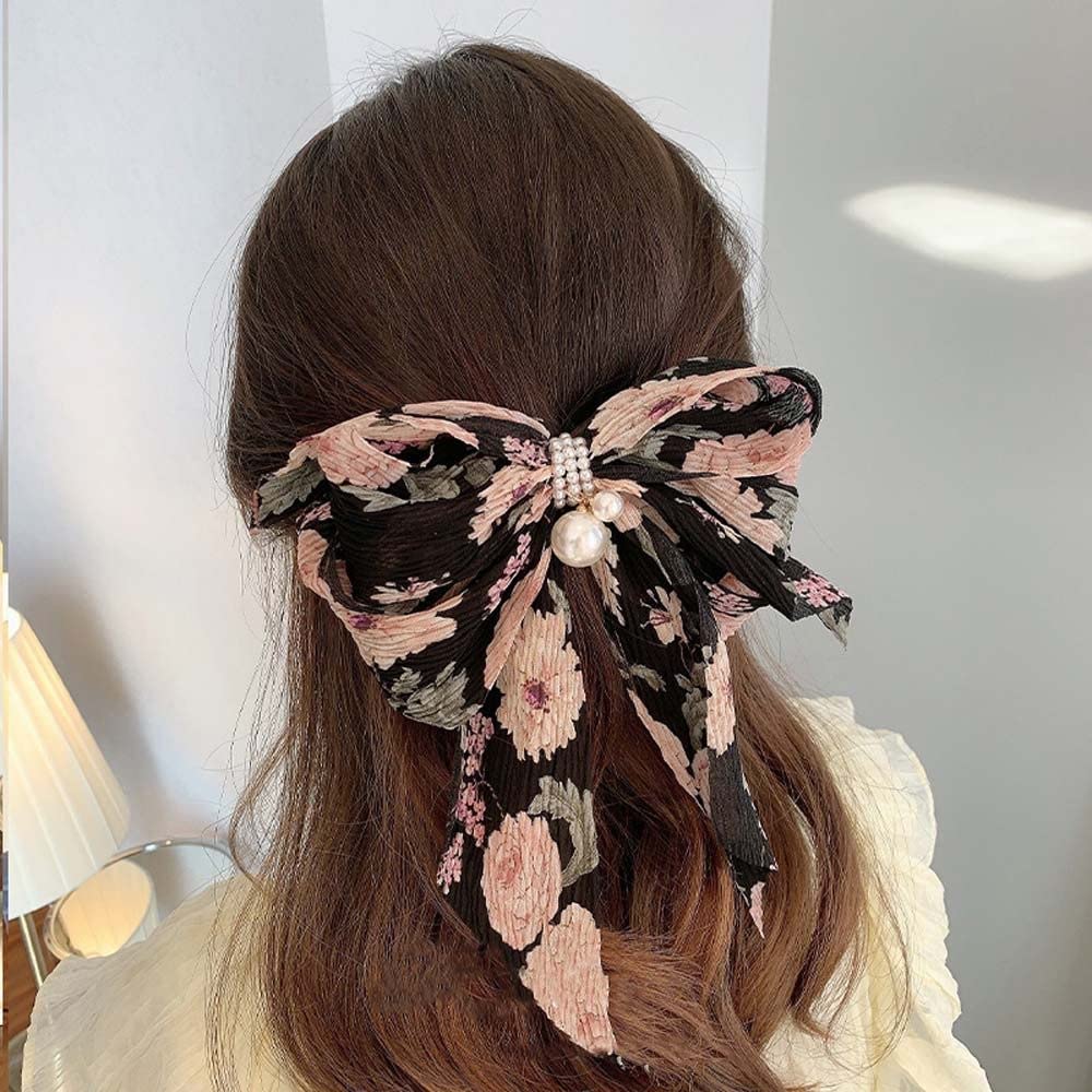 ASG Floral Korean Pearl Chiffon Bow Hair Clip - Large Bowknot Spring Hairpin for Women & Girls, Strong Hold Hair Accessory for Wedding, Party & Daily Use