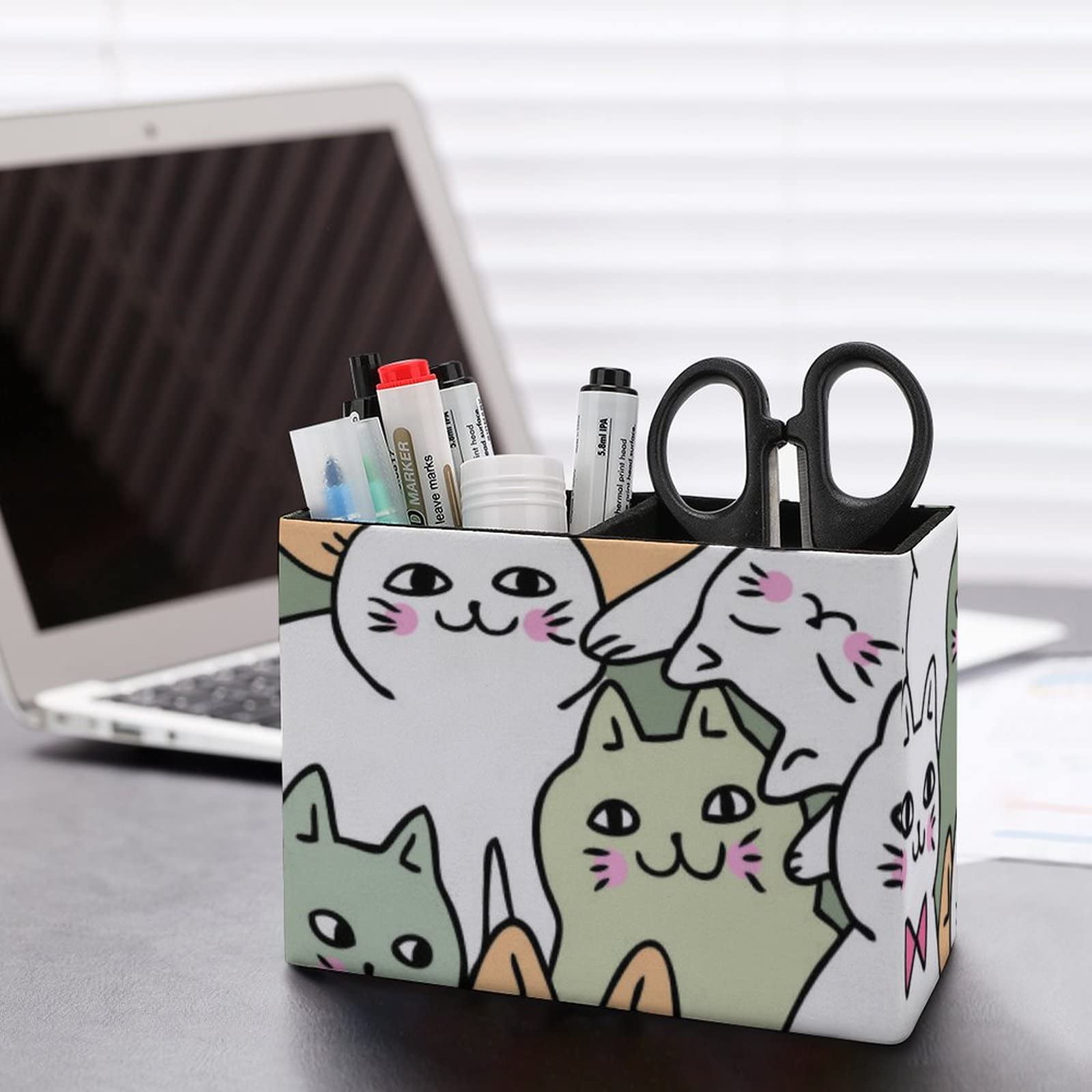 Cartoon Doodle Cats Pen Holder - Stylish Leather Desk Organizer for Pencils, Pens & Makeup Brushes | Perfect for Office, School & College Workspaces