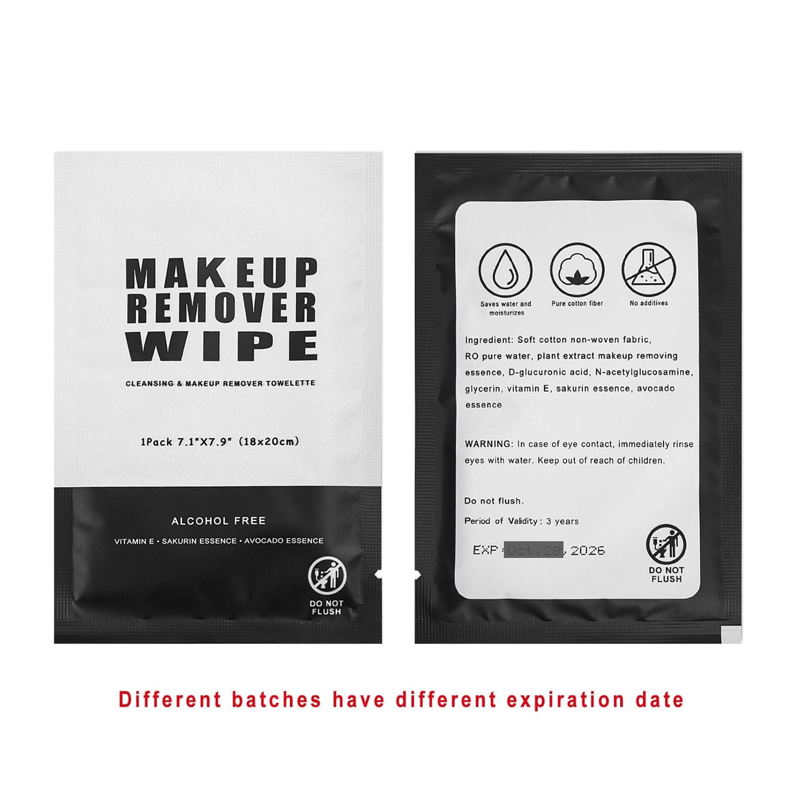 50 Pack Individually Wrapped Makeup Remover Wipes - Bulk Facial Cleansing Pads for Mascara, Lipstick & Oil Removal | Gentle on Skin | Perfect for Travel, Gym & Daily Use (Black)