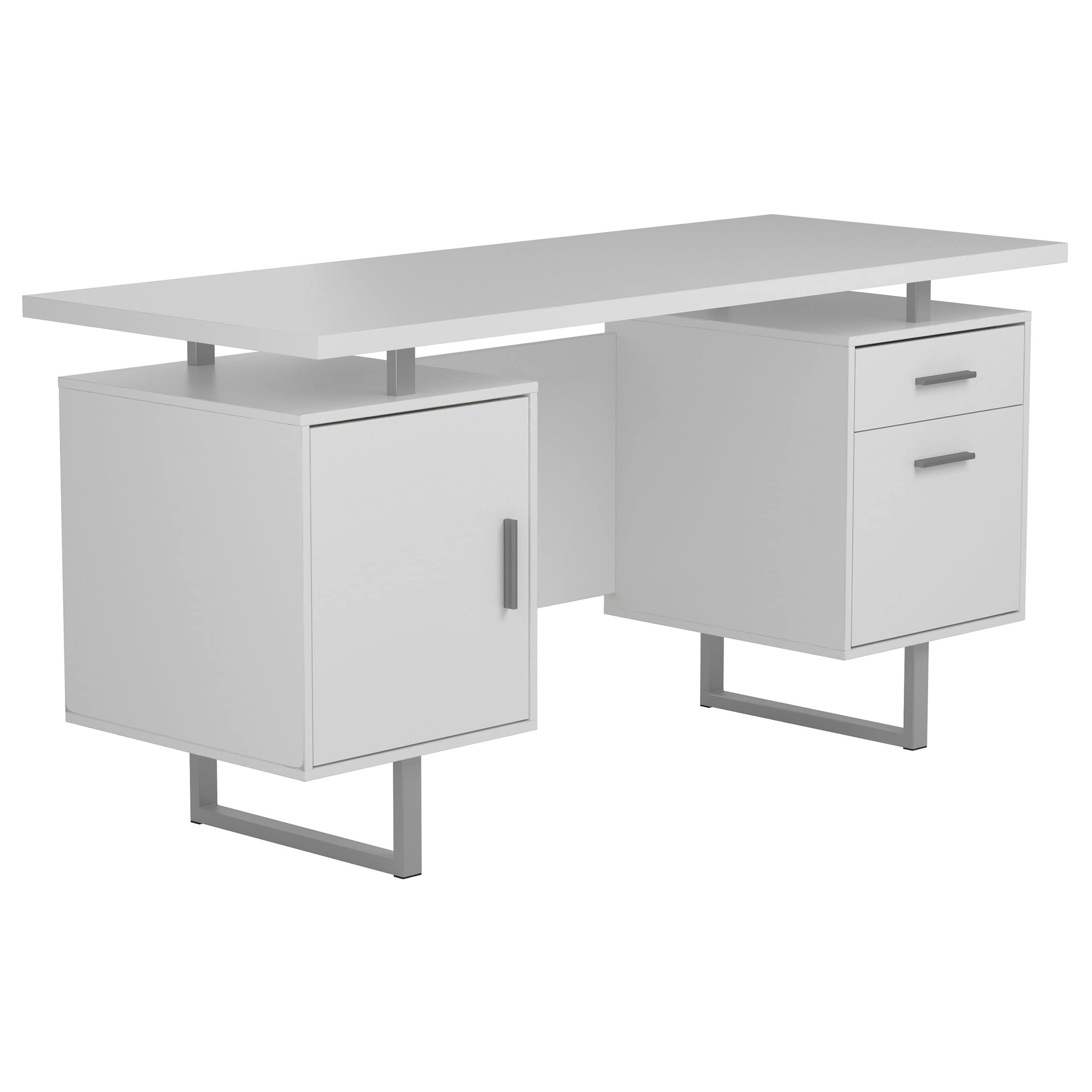 Modern Contemporary 2-Drawer Home Office Writing Desk with Storage File Cabinet - Silver Metal Frame & White High Gloss Finish - Perfect for Small Spaces, Home Offices, and Workspaces (Model 803521)
