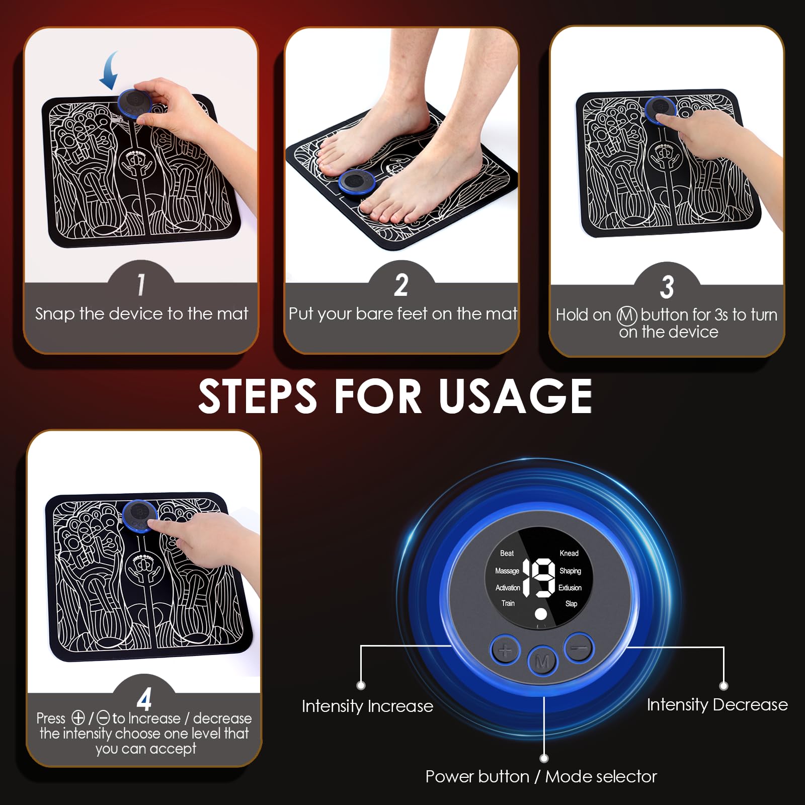 EMS Foot Massager for Neuropathy Pain Relief - Portable & Rechargeable Foot Stimulator with 8 Modes & 19 Levels - Improves Circulation & Plantar Fasciitis - Perfect for Home, Office & Travel Use
