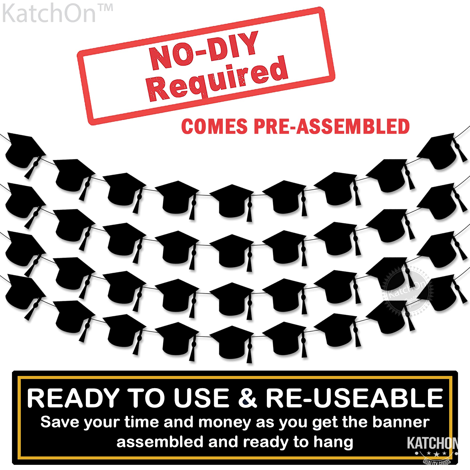 KatchOn Black Felt Graduation Cap Garland - 4 String | Class of 2025 Graduation Party Decorations, Graduation Ceremony & Photo Backdrop Decor | Perfect for High School, College Graduation Celebrations & Commencement Parties