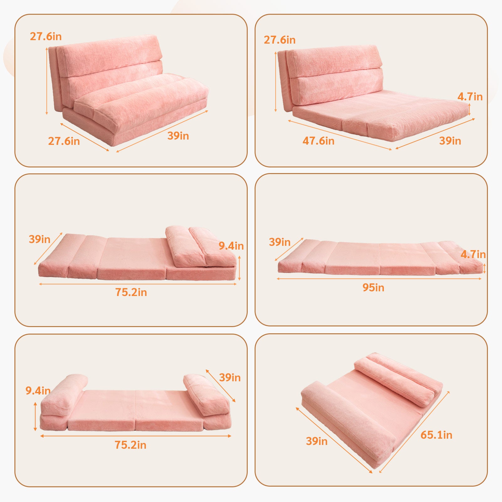 MAXYOYO Extra Wide Bean Bag Bed - Foldable Sofa Bed & Floor Mattress for Adults & Kids, Pink Floor Couch - Perfect for Living Room, Bedroom, Dorm & Lounge Relaxation
