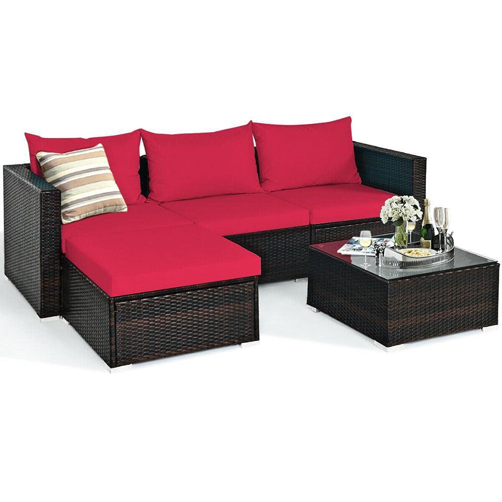 5-Piece Patio Rattan Furniture Set - Outdoor Sectional Conversation Sofa with Coffee Table HW66521RE - Perfect for Backyard, Garden, and Poolside Relaxation