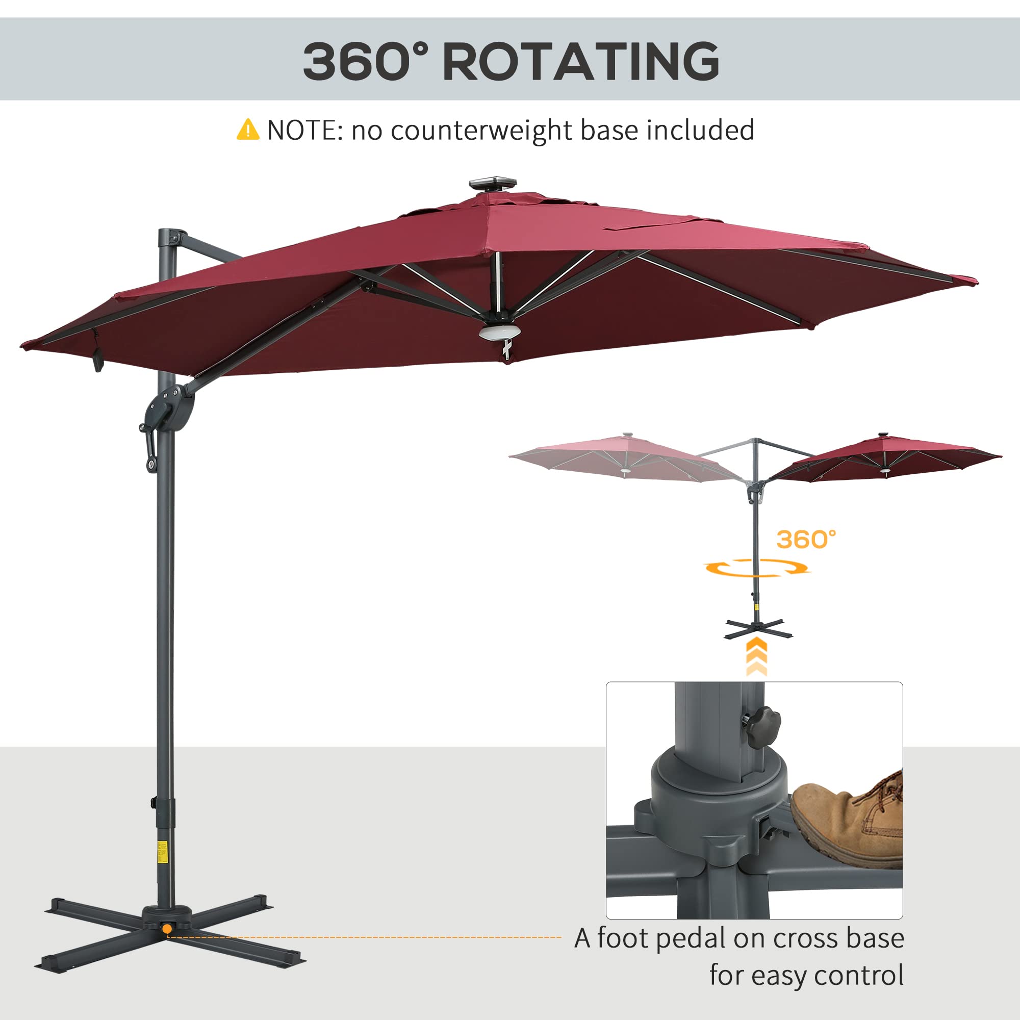 Outsunny 10ft Solar LED Cantilever Patio Umbrella - Aluminum Hanging Offset Outdoor Sun Shade with 360° Rotation, Built-in Lights, Adjustable Tilt & Crank, Heavy-Duty Cross Base - Perfect for Poolside, Backyard, Deck, and Garden Relaxation