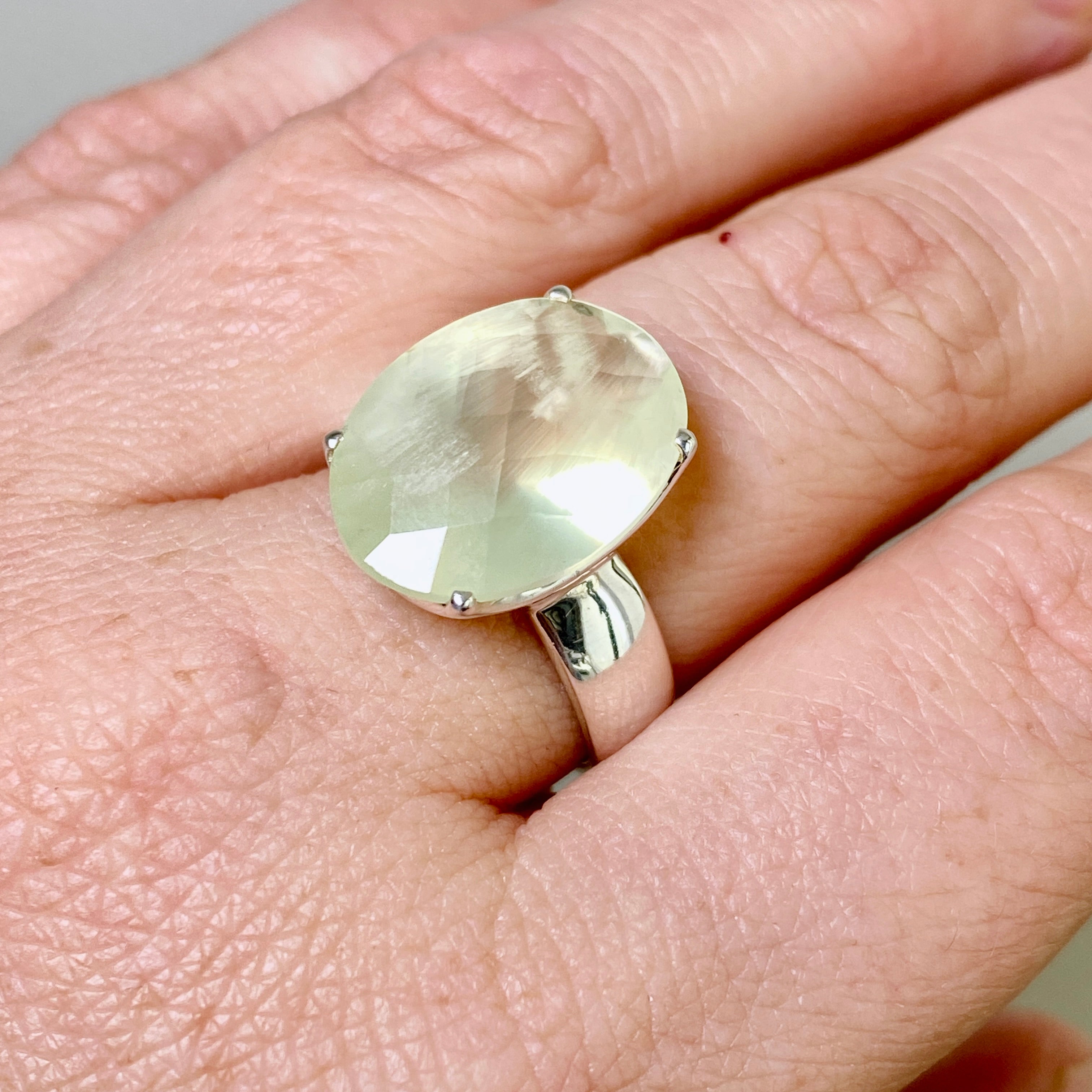 Prehnite Oval Checkerboard Faceted Ring Size 8 - Dainty Gemstone Jewelry for Women - Perfect for Everyday Wear, Gift Giving & Special Occasions
