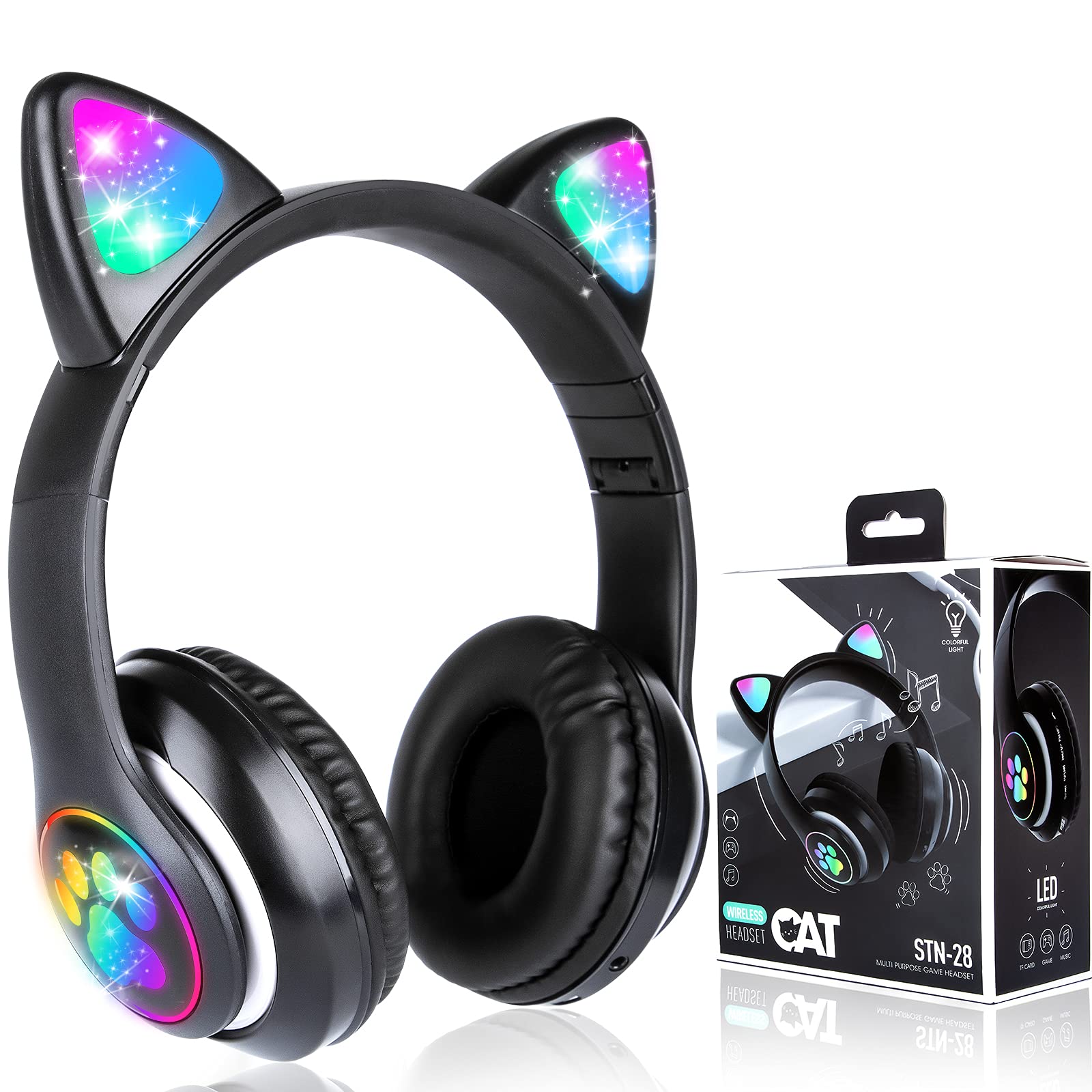 Wireless Cat Ear LED Bluetooth Headphones for Kids - Foldable Over-Ear Adjustable Headset with Microphone, Stereo Sound, Light Up Feature - Perfect Gift for Cat Lovers (Black) - Great for Gaming, Music, Online Classes & Travel