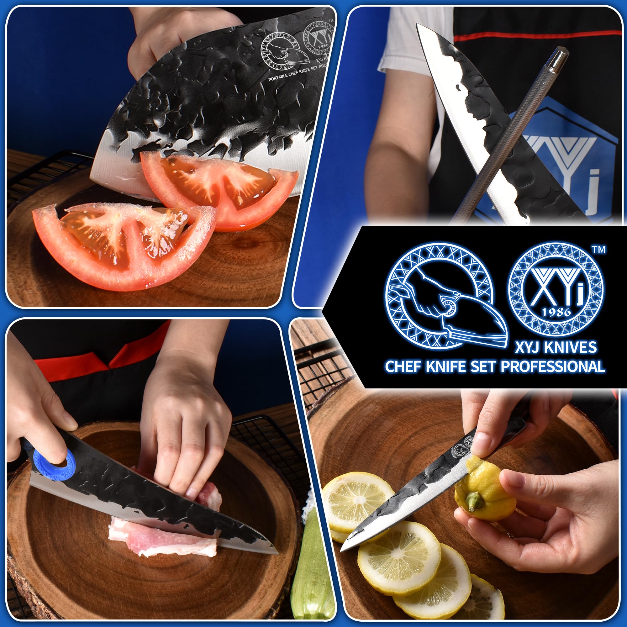 XYJ Professional Kitchen Knife Set - 6-Piece High-Carbon Steel Forged Chef Knives with Full Tang Design (Chef's Knife, Cleaver, Carving Knife, Nakiri) Includes Carrying Case & Poultry Shears - Perfect for Home Cooking, Professional Chefs & Outdoor BBQ