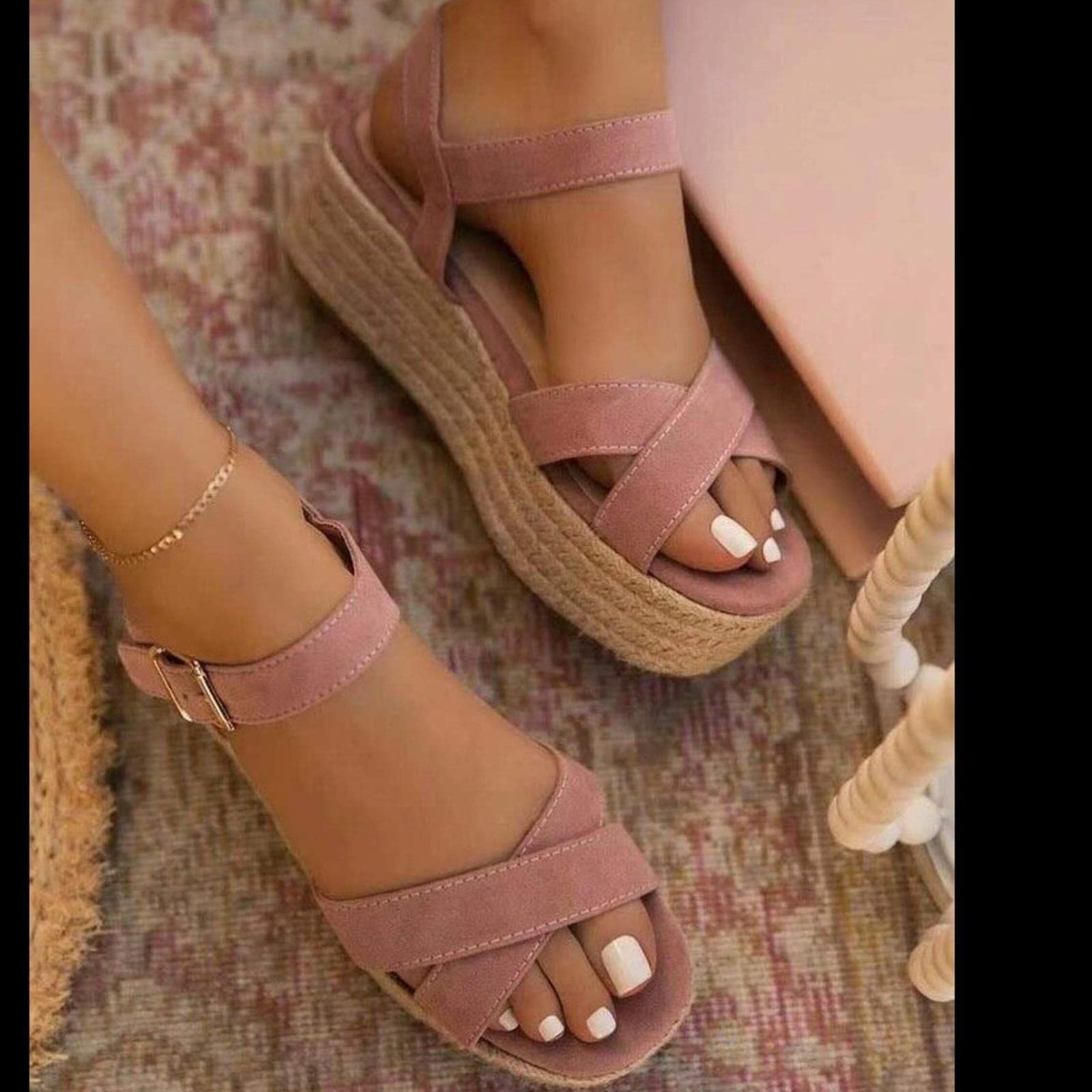 Women's Summer Sandals 2023 - Adjustable Buckle Hemp Rope Platform Sandals | Roman Style Casual Footwear in Pink | Perfect for Beach, Vacation & Boho Fashion