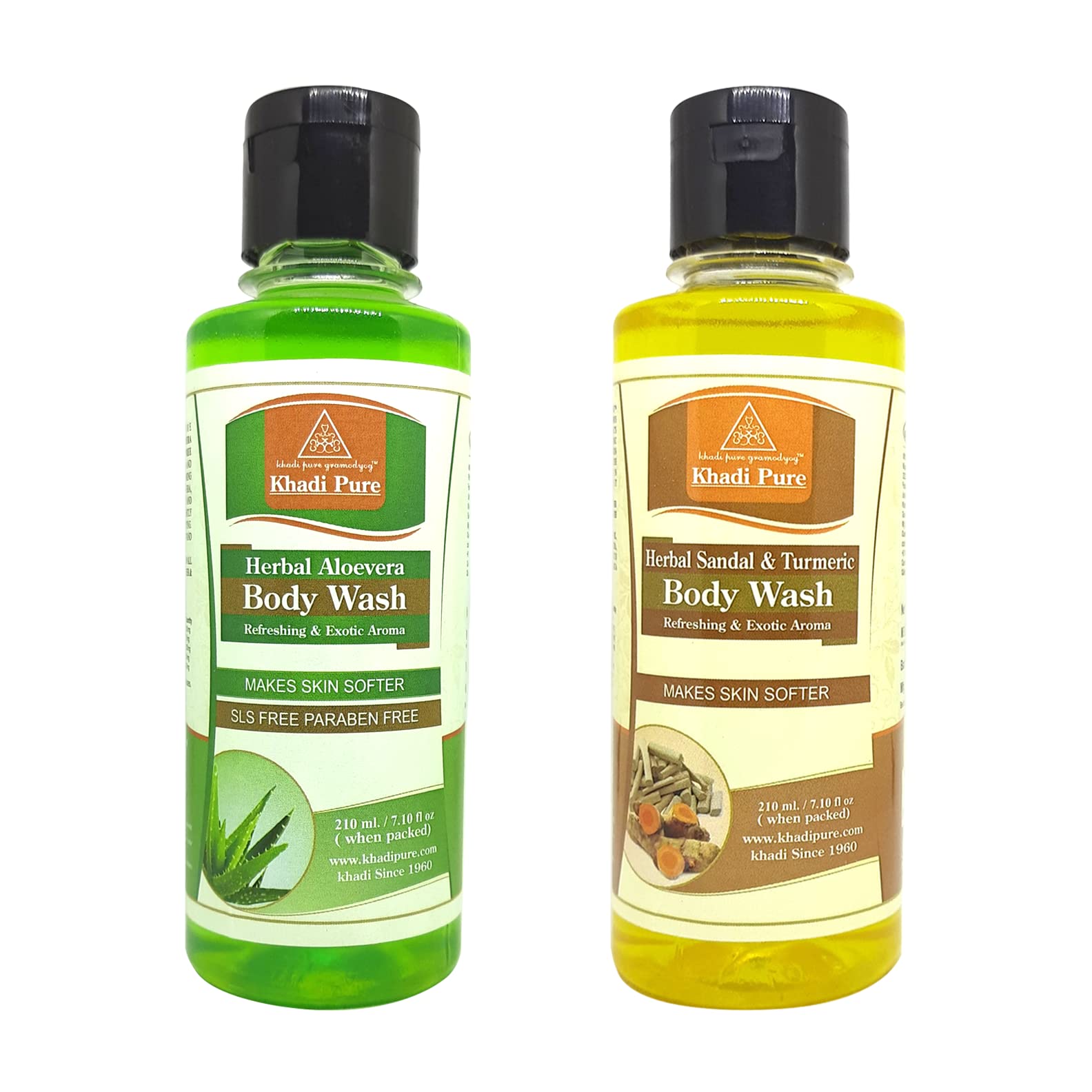 Khadi Pure Aloe Vera & Sandal Turmeric Body Wash - 210ml (Pack of 2) | Natural Ayurvedic Cleanser for Glowing Skin | Perfect for Daily Shower & Spa Relaxation