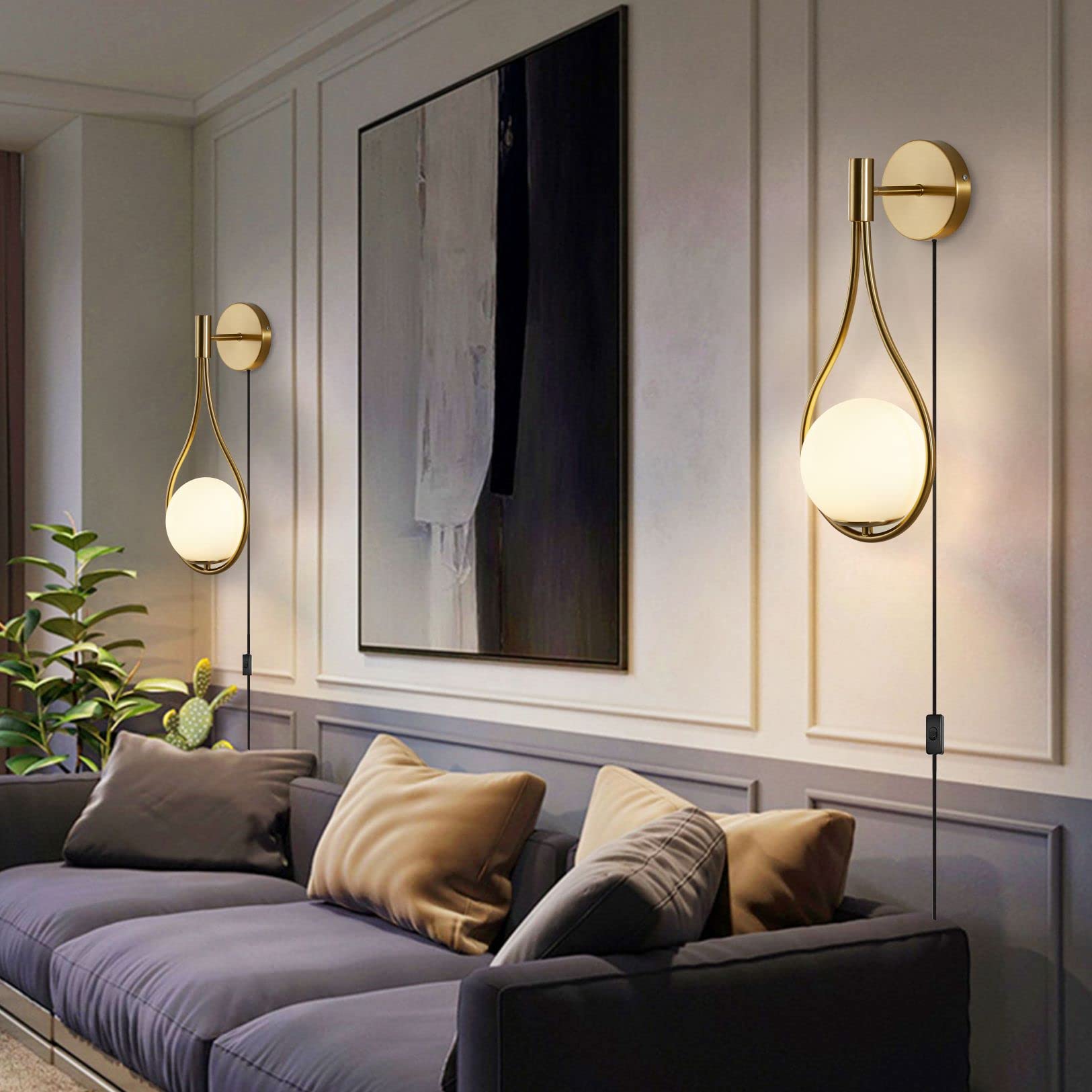 Modern Gold Glass Wall Sconce - Mid-Century Water Drop Wall Lamp for Bedroom, Living Room, Hallway - Plug-in Wall Light for Home Decor (2-Pack) - Perfect for Ambient Lighting and Elegant Interior Design