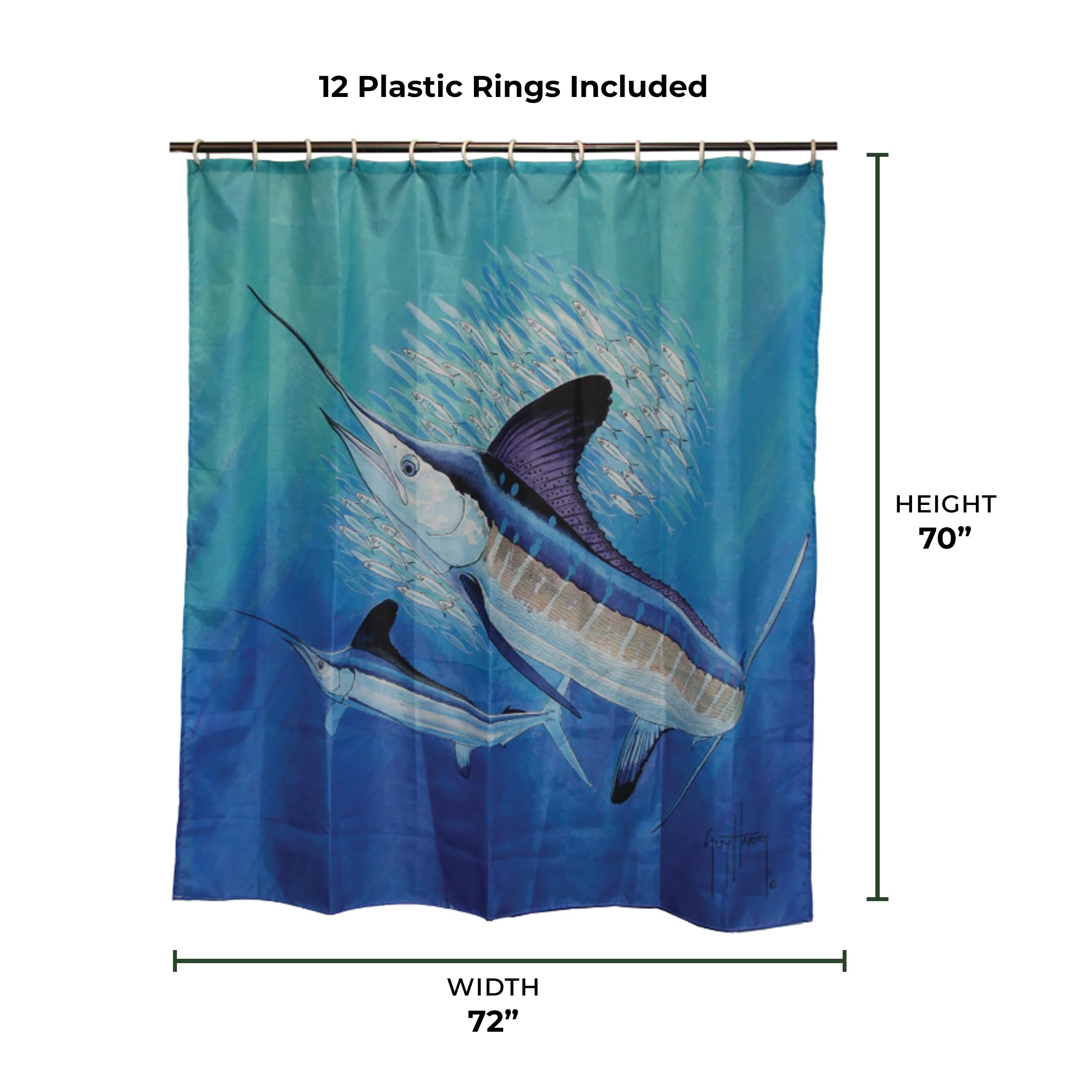 Rivers Edge Products Fish Shower Curtain - 70x72 Inches Bathroom Decor with Hooks, Marlin Design by Guy Harvey - Perfect for Beach House, Fishing Enthusiast or Nautical Theme Bathrooms