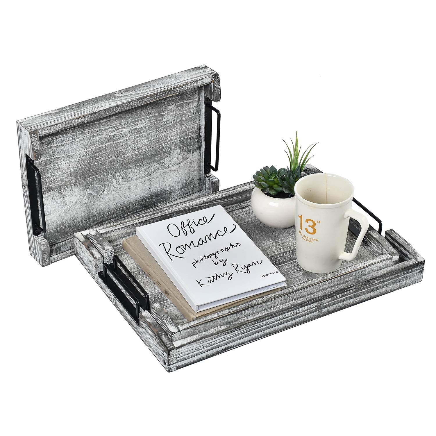 VERGOODR Set of 3 Rustic Torched Wood Nesting Breakfast Serving Trays with Handles - White Grayish | Farmhouse Style Kitchen Decor for Coffee, Tea, Brunch & Entertaining