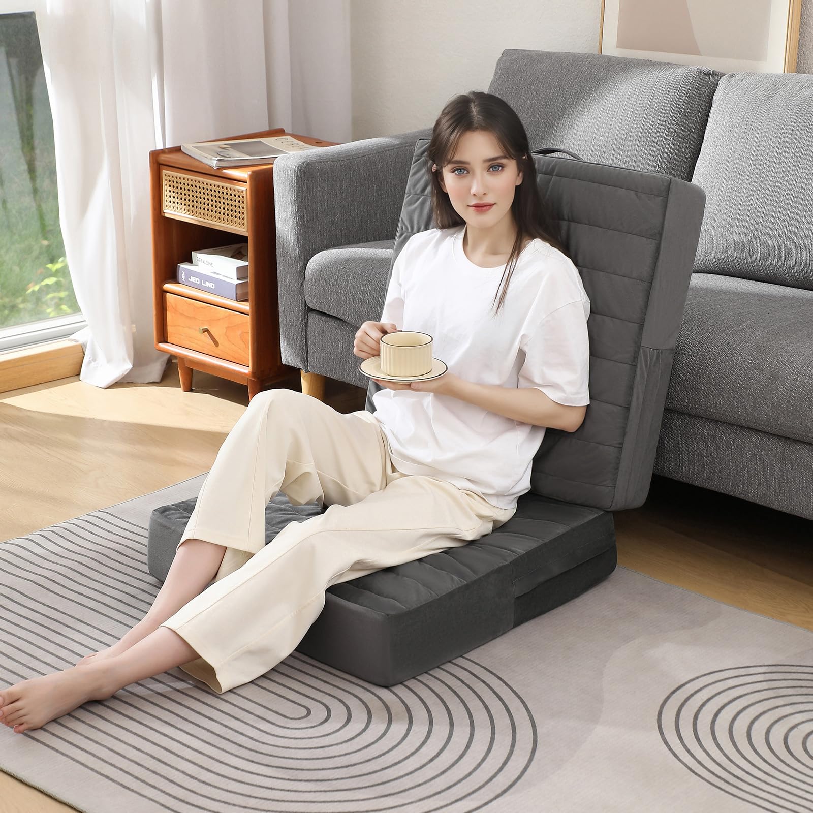 24x24x5 Inch Large Square Floor Pillow for Adults - Soft Chenille Tufted Meditation & Yoga Cushion - Bench/Chair Seat Pad - Dark Grey - Perfect for Living Room, Bedroom & Home Decor