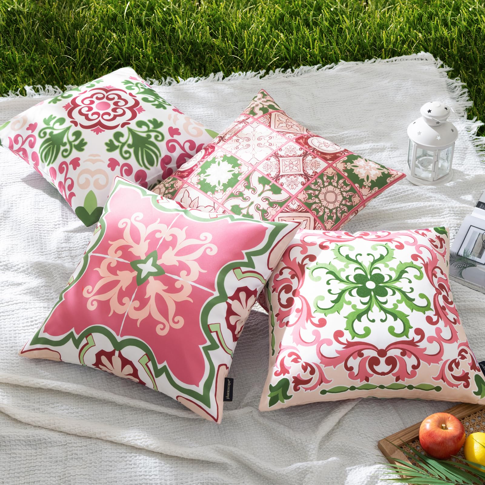 Phantoscope Set of 4 Waterproof Outdoor Throw Pillow Covers - 18x18 Inch Boho Geometric Decorative Cushion Cases for Patio Furniture, Garden, Tent & Farmhouse Decor (Pink/Green Fig Pattern) | Weather-Resistant & UV Protection for Outdoor Use