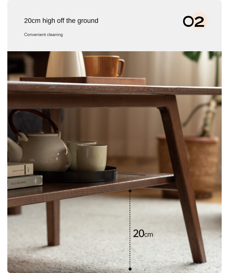 Solid Oak Wood Walnut Finish Double Layer Coffee Table - Modern Living Room Furniture for Home Decor & Small Space