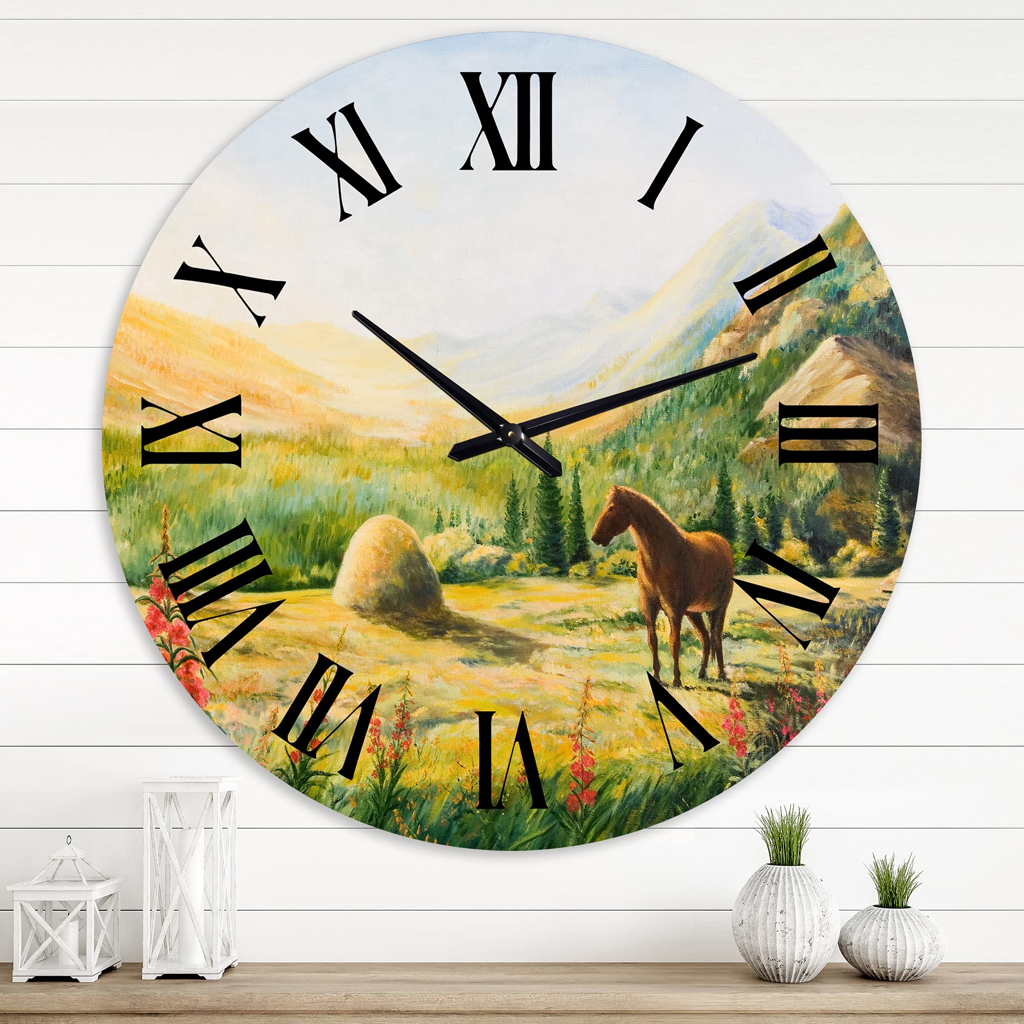 Farmhouse Wall Clock - Large Rustic 'Morning Sun in The Mountains with Horse' Decor for Living Room, Bedroom & Kitchen | Perfect for Country Style Home Decor