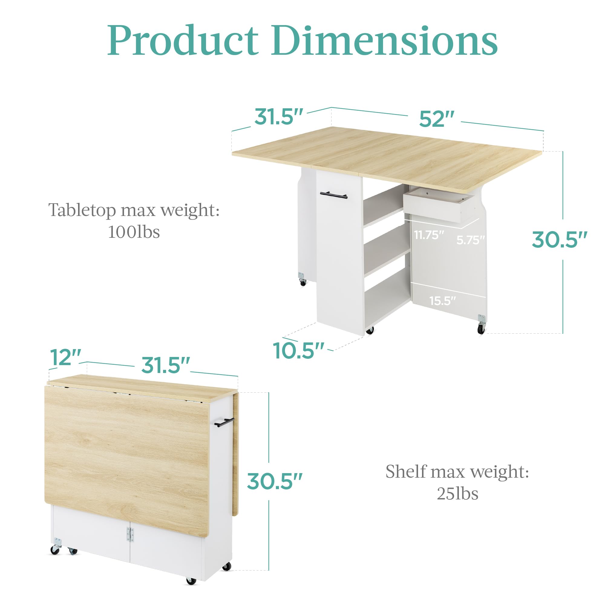 Best Choice Products Folding Dining Table - Space Saving Drop Leaf Extension Desk with Wheels & 3 Storage Shelves, Oak/White - Perfect for Small Apartments, Kitchen Nooks, and Home Offices