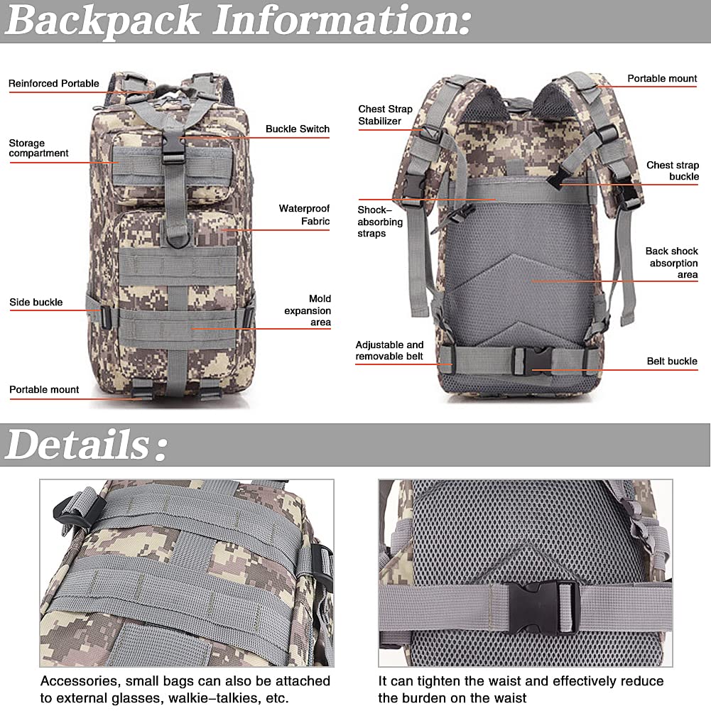LIMHOO Tactical Backpack for Men - 30L Small Military Rucksack with MOLLE System & USA Flag Patch (ACU Camo) - Durable Army Backpack for Hiking, Camping, Travel & Everyday Carry (EDC)