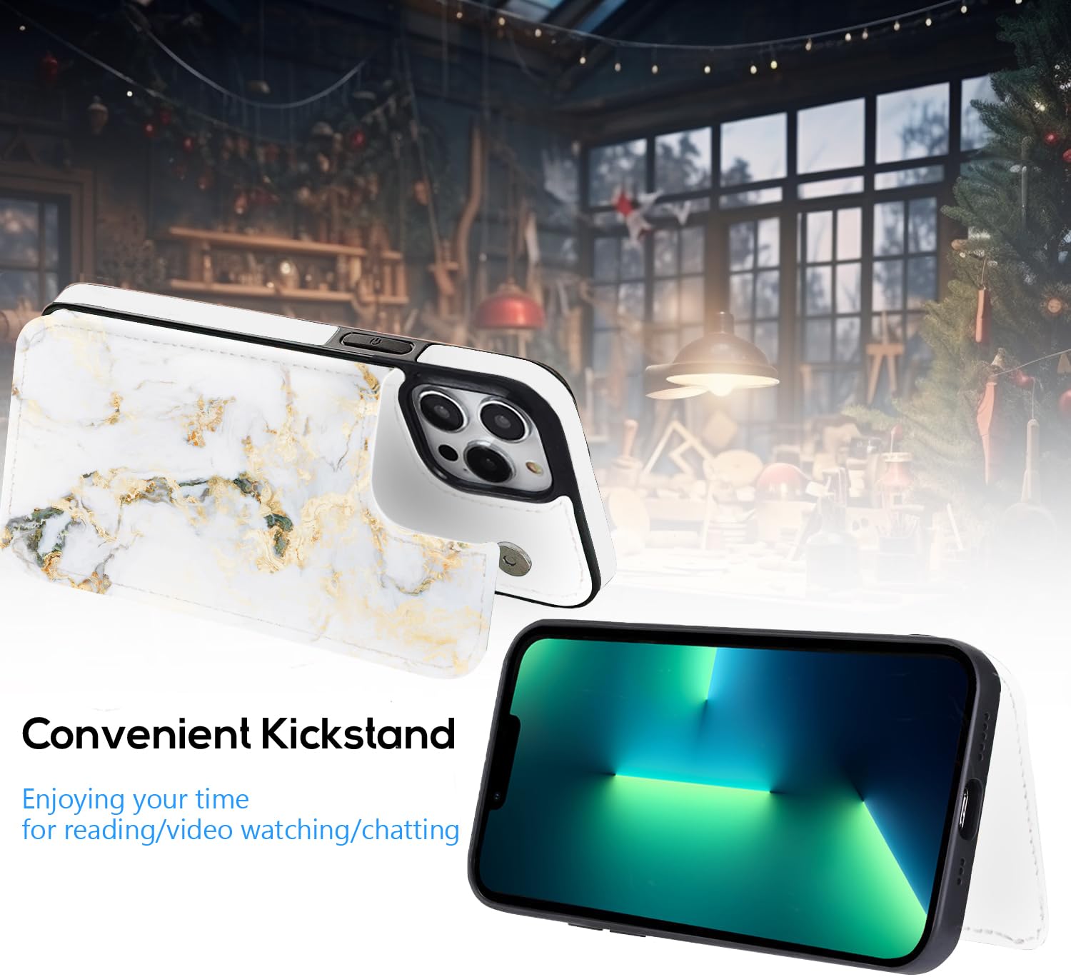 White Golden Marble iPhone 13/12 Pro Max Wallet Case with Card Holder & Kickstand - Slim Protective Flip Cover with Card Slots for 6.7 Inch iPhone - Perfect for Business, Travel and Everyday Use