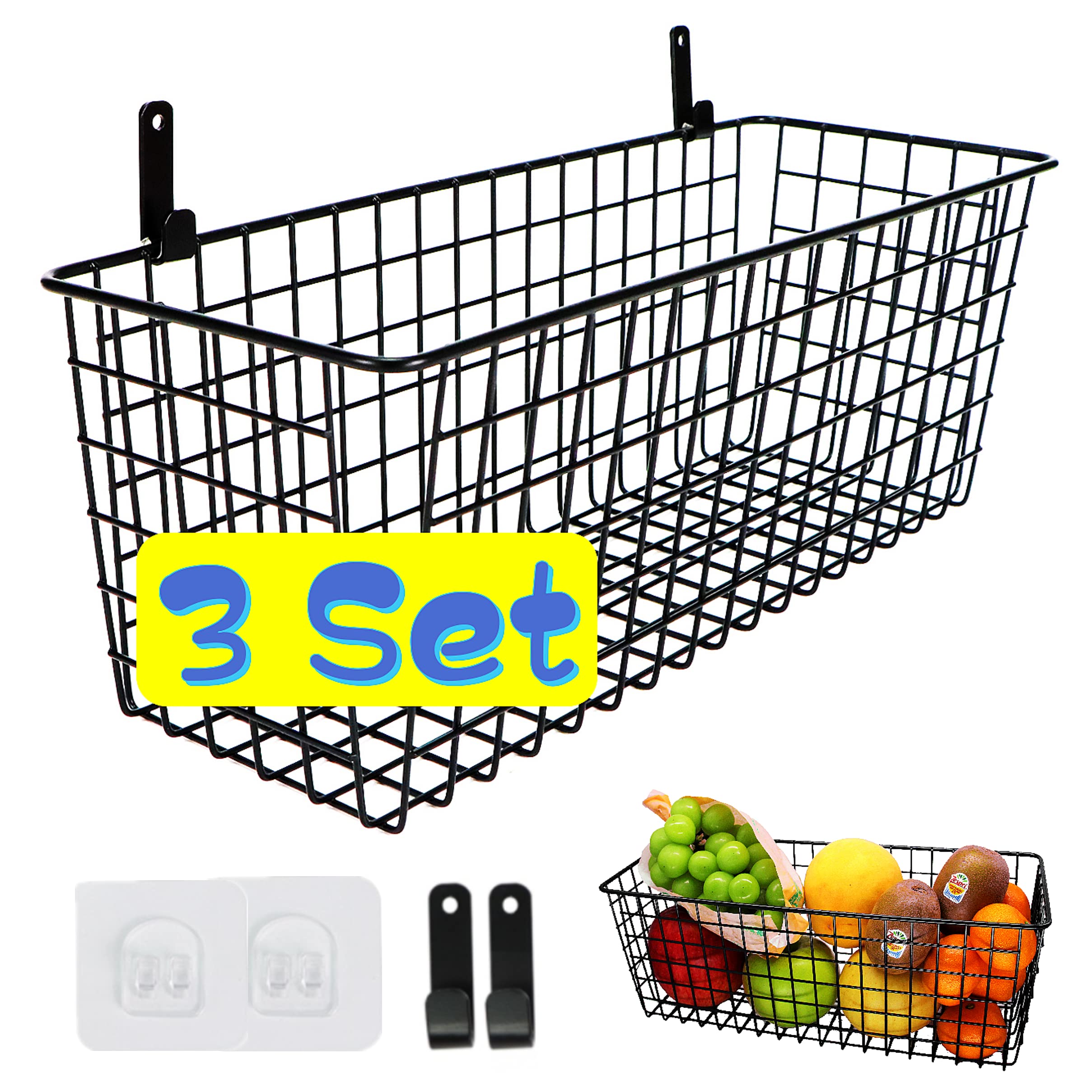 3-Pack Extra Large Hanging Wall Wire Baskets - Rustic Farmhouse Storage for Kitchen Pantry, Laundry Room, Closet & Garage Organization - Perfect for Small Space Storage in Homes, RVs and Dorm Rooms - Black