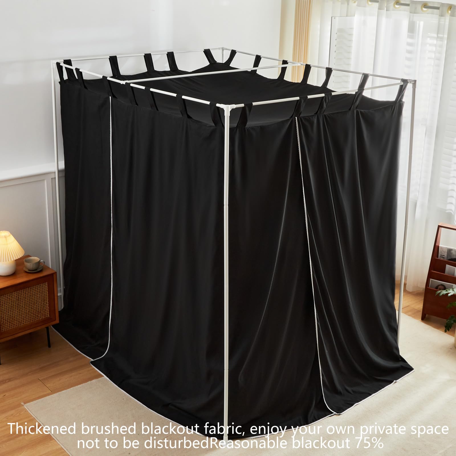 AIKASY Black Canopy Bed Curtains with Top Ties & Tie Backs - Twin Size Windproof Lightproof Bedroom Drapes for Privacy & Decoration | Perfect for Romantic Bedrooms, Dorm Rooms & Cozy Sleep Spaces