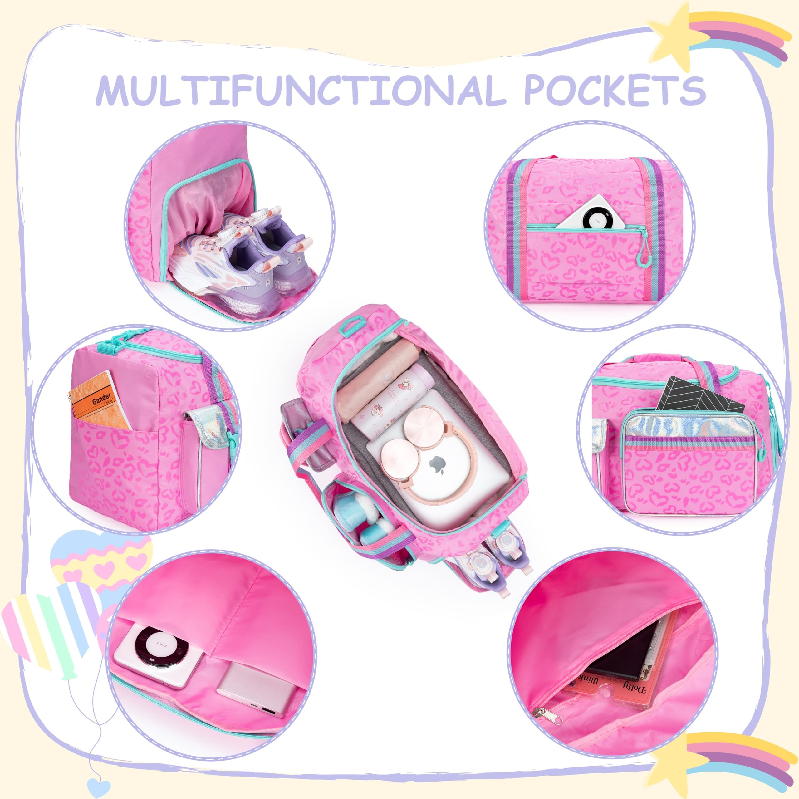 **Kids Travel Duffle Bag for Girls - Weekender Overnight Bag with Shoe Compartment & Makeup Toiletry Pouch - Perfect for Dance, Gym, Sleepovers & Travel**