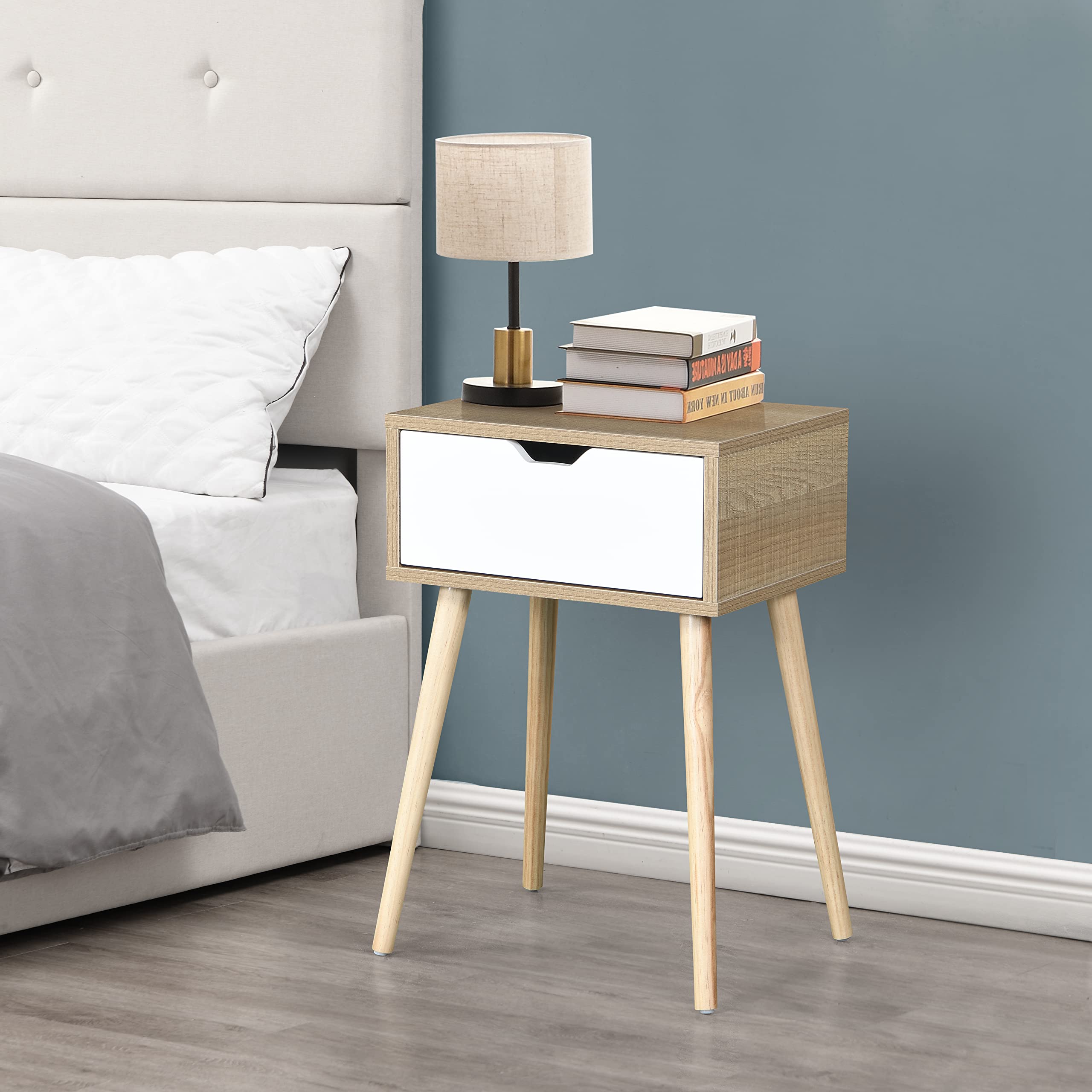 Mid-Century Modern Side Table with 1 Drawer & Rubber Wood Legs - White Solid Wood Storage Cabinet for Bedroom, Living Room | Nightstand, Sofa End Table, Coffee Table Companion