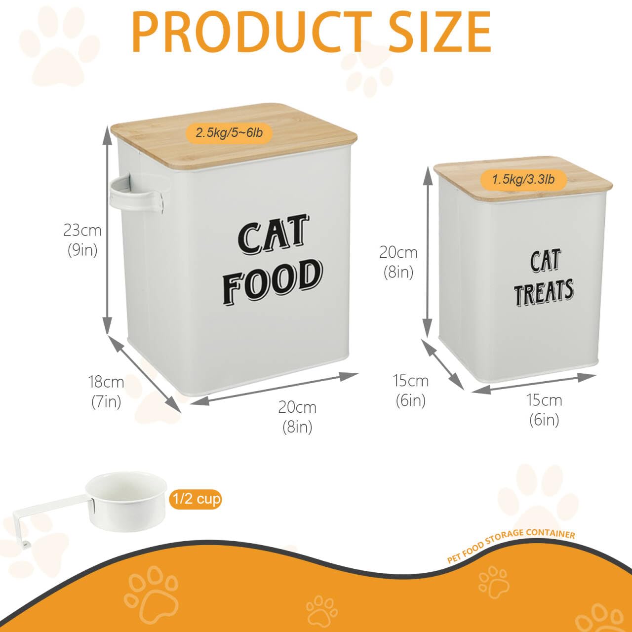 Premium Cat Food and Treat Storage Containers with Scoop - Airtight Wood Lids, Durable Coated Carbon Steel Canisters for Fresh Pet Food - Perfect for Kitchen Pantry Organization (White)