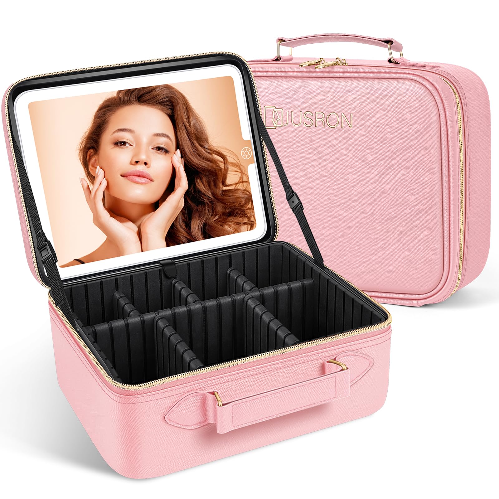 JUSRON LED Travel Makeup Bag - Pink Large for Artists & Travel