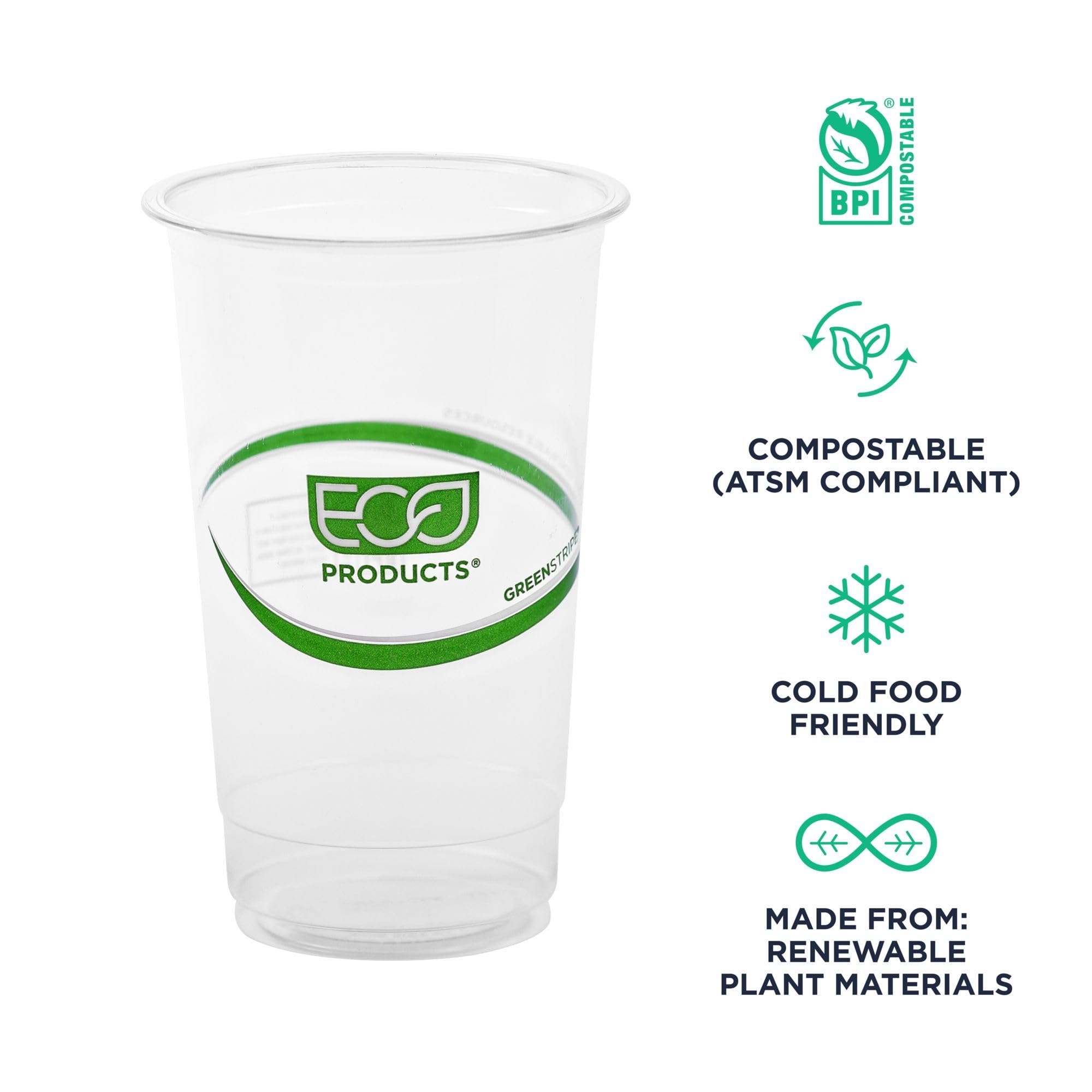 ECO PRODUCTS GreenStripe Clear Compostable 32oz PLA Large Plastic Cups - 600 Count, Plant-Based Disposable Cold Drink Cups for Parties, Picnics & Events | BPI Certified, ASTM D6400 Compliant | Eco-Friendly Alternative to Plastic Cups for Smoothies, Iced Coffee & Beverages