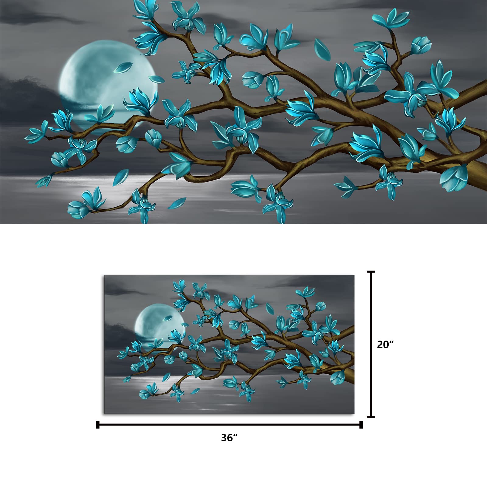 Turquoise Magnolia Blossom & Full Moon Canvas Wall Art - Framed Floral Painting (20x36 inches) for Bedroom & Living Room Decor | Modern Home & Office Wall Decor