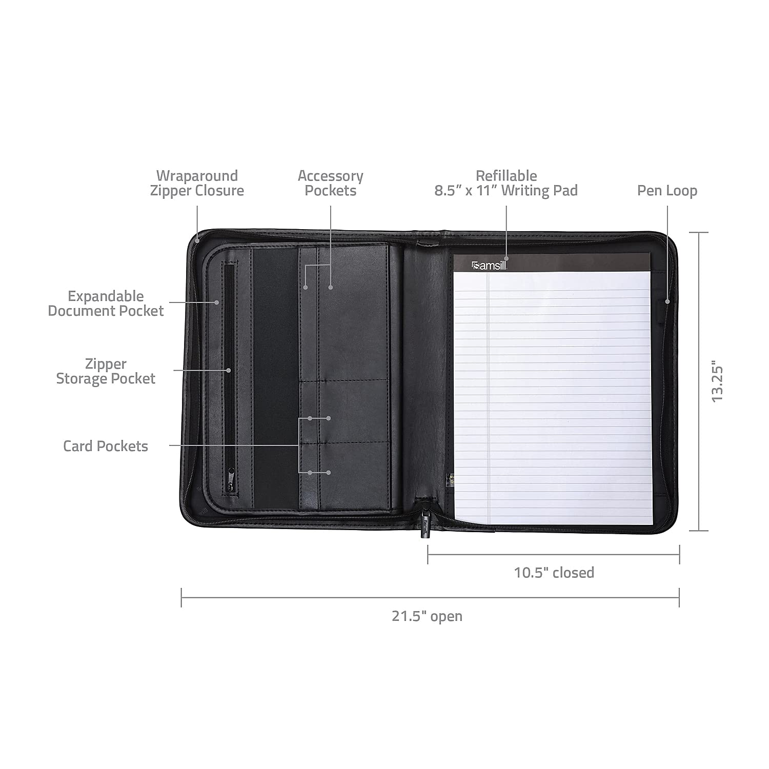 Samsill 70820 Professional Zippered Pad Holder with Multiple Pockets & Slots - Black Leather Writing Pad Organizer for Office, School & Business Meetings