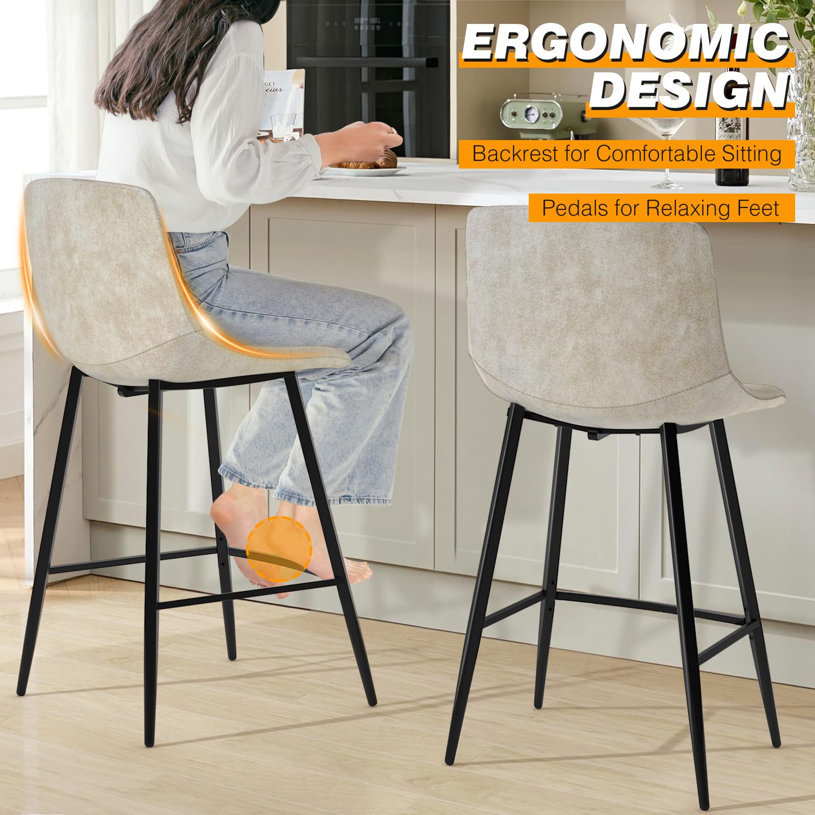 5Rcom Set of 3 600 lbs Capacity Counter Height Bar Stools - 24 Inch Leatherette Bar Stools with Back Support & Sturdy Metal Legs - Perfect for Kitchen Island, Dining Room, Party Room & Restaurant (Beige) | Modern Seating Solution for Home Bars, Breakfast Nooks & Commercial Spaces